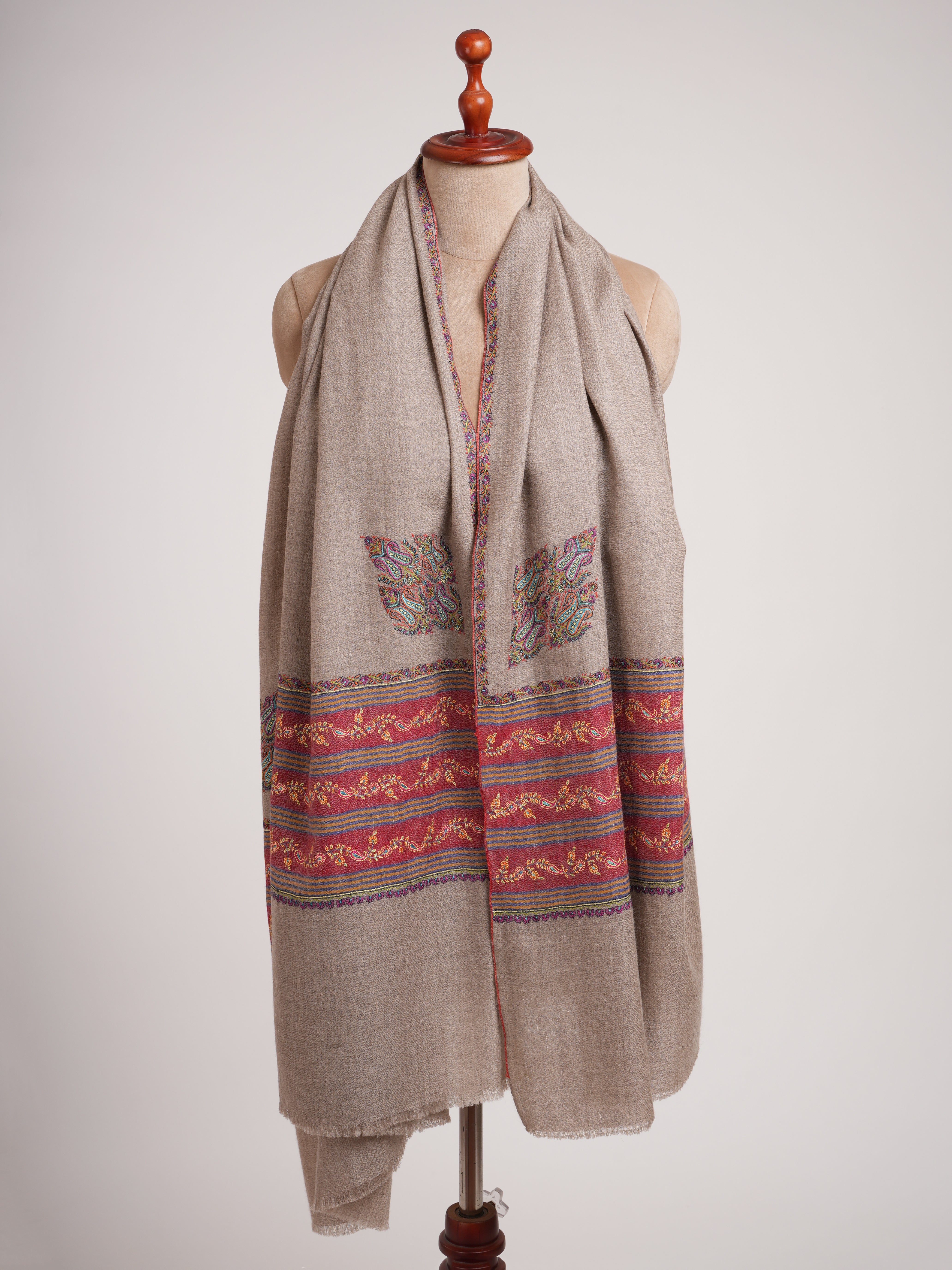 Natural Grey Pashmina Shawl with Contrast Palla Embroidery