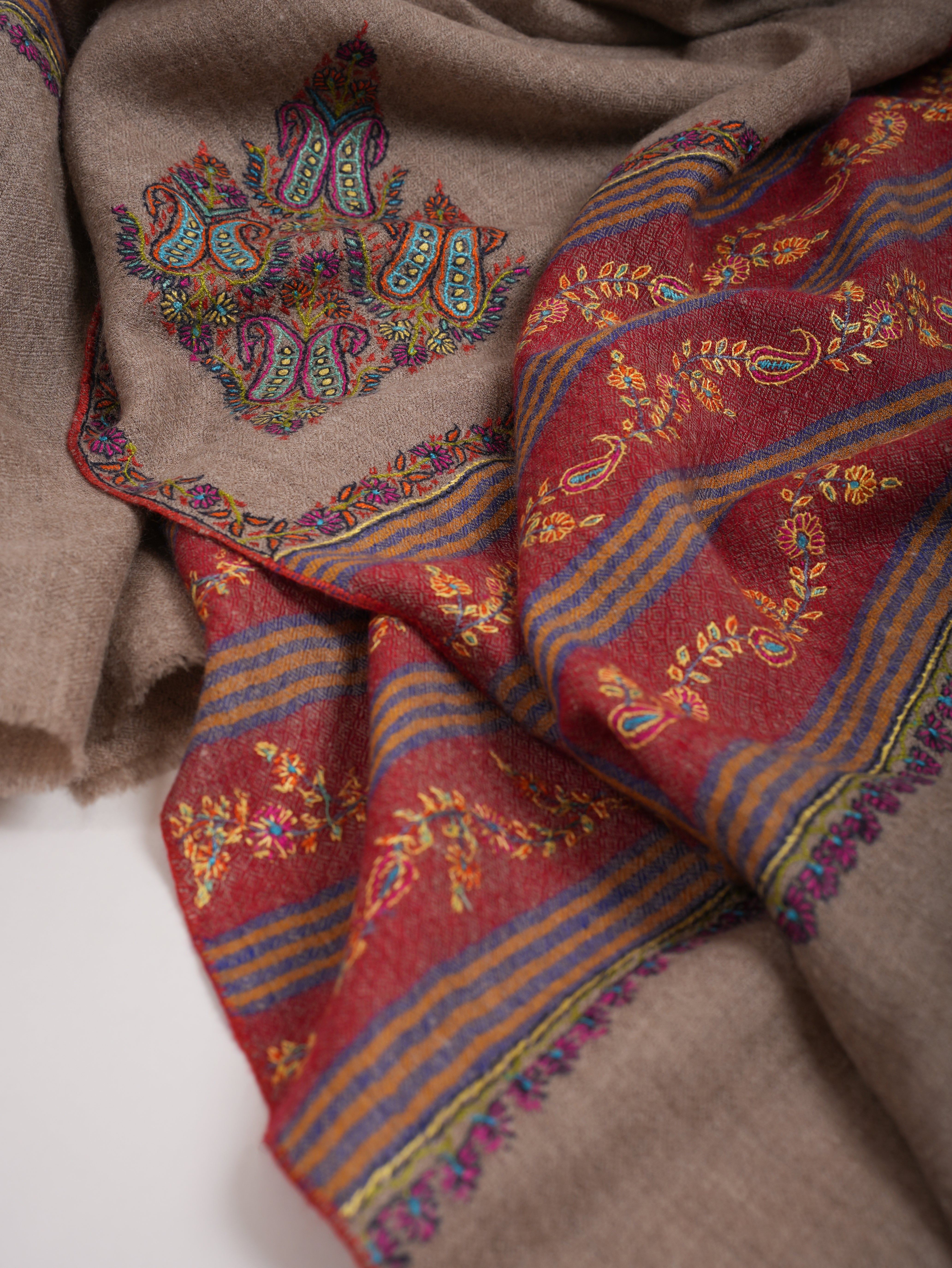 Natural Grey Pashmina Shawl with Contrast Palla Embroidery