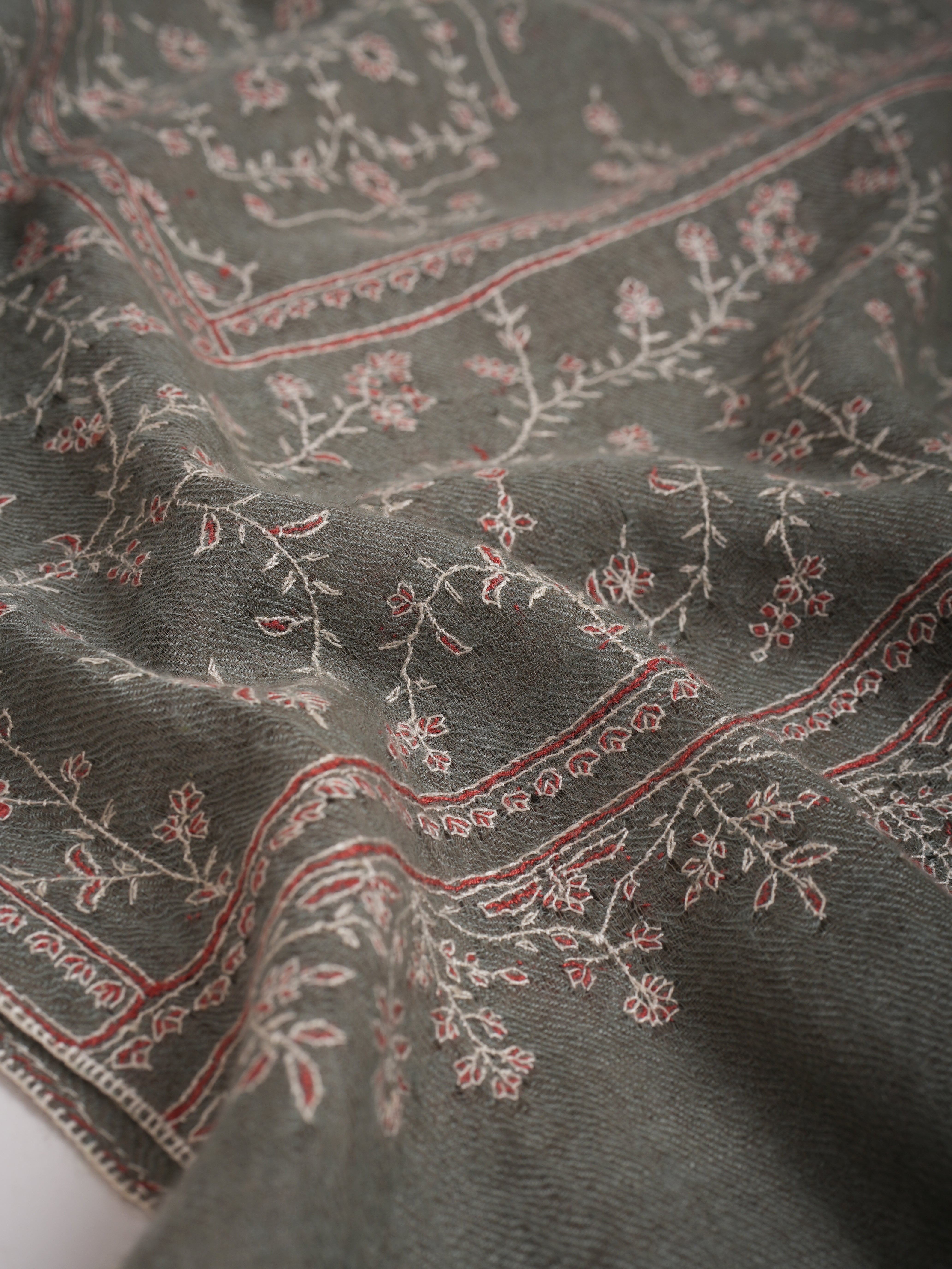 Grey Hand Embroidered Jali Indian Cashmere Scarf