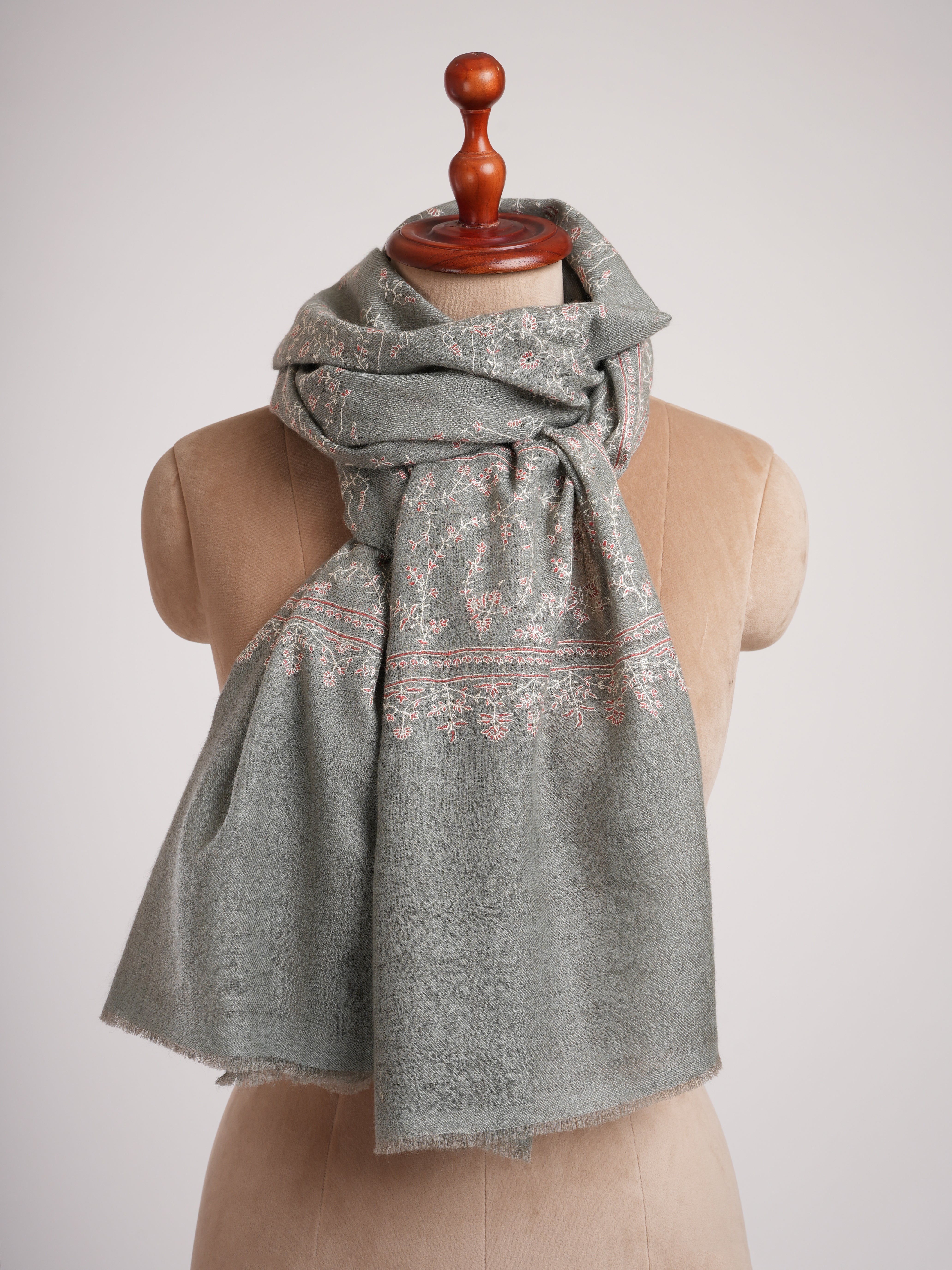 Grey Hand Embroidered Jali Indian Cashmere Scarf