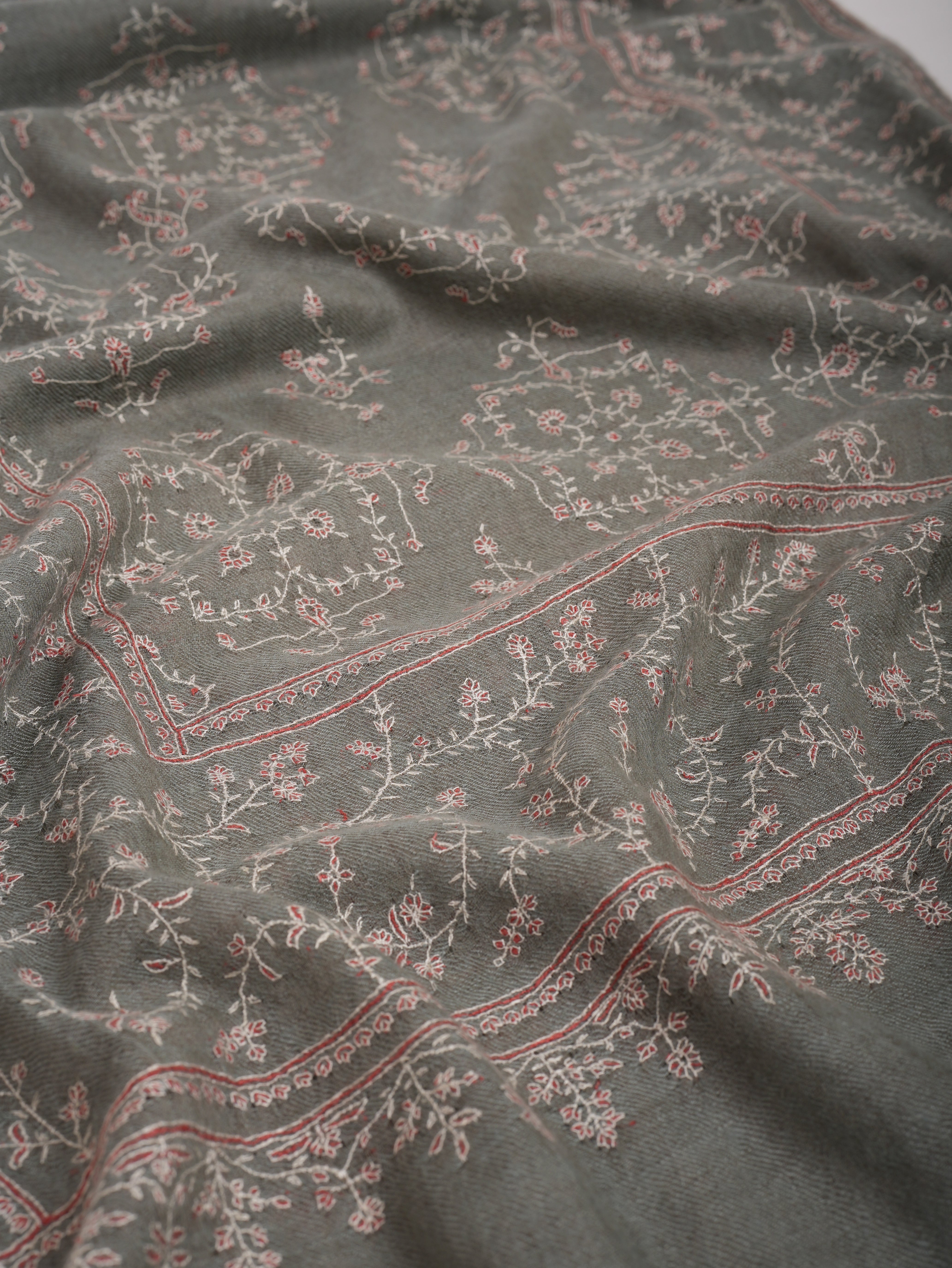 Grey Hand Embroidered Jali Indian Cashmere Scarf