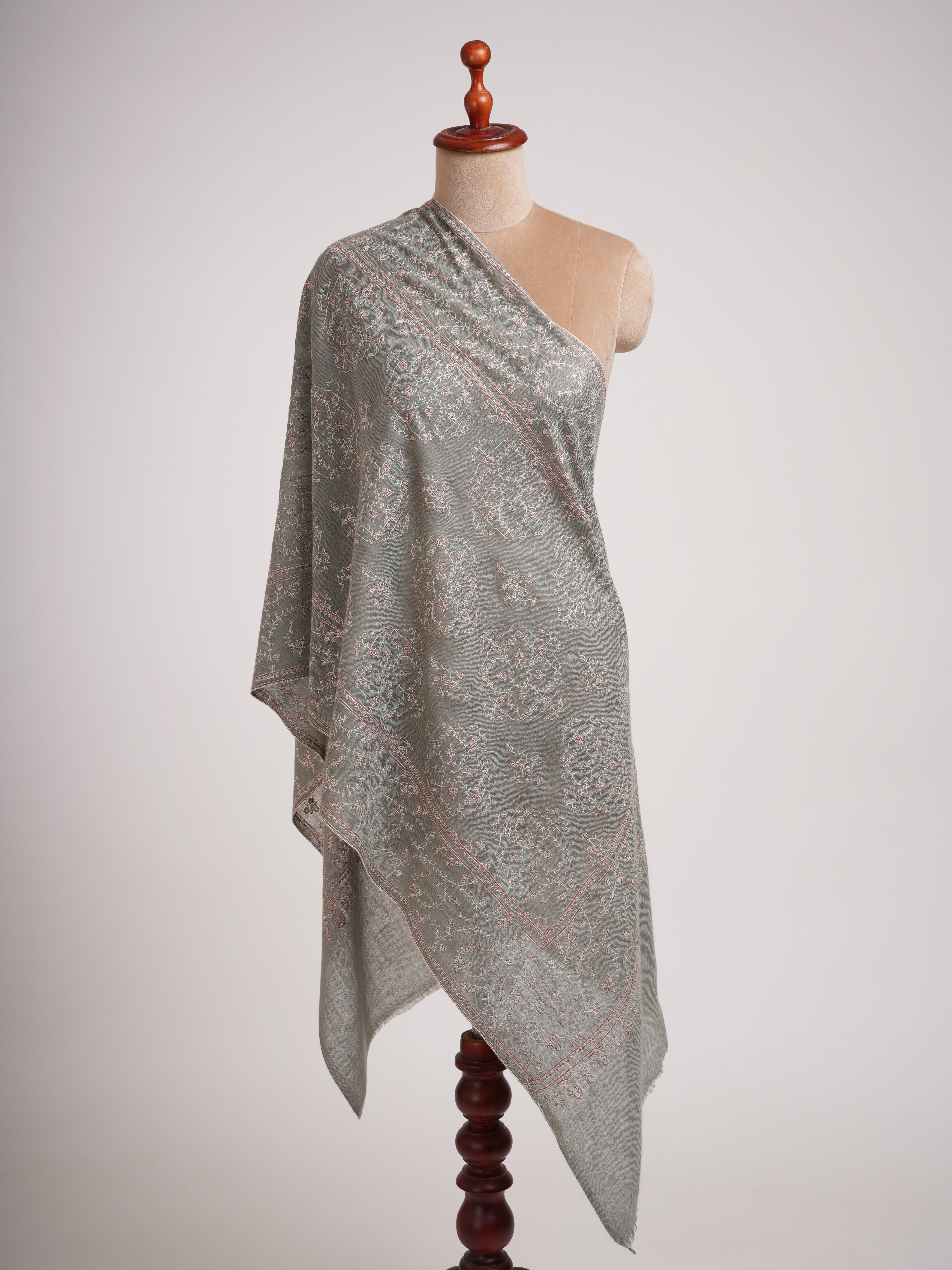 Grey Hand Embroidered Jali Indian Cashmere Scarf