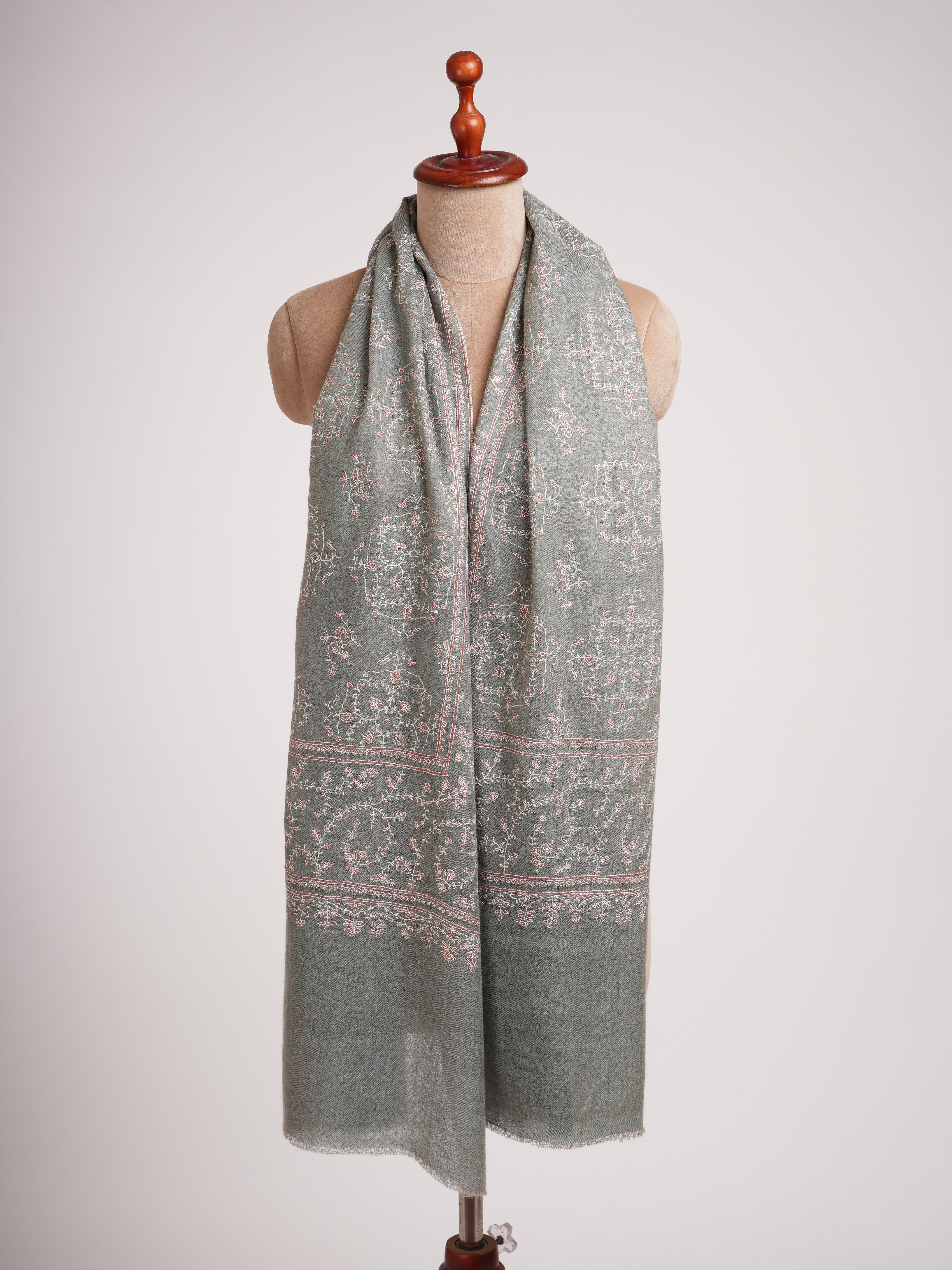 Grey Hand Embroidered Jali Indian Cashmere Scarf