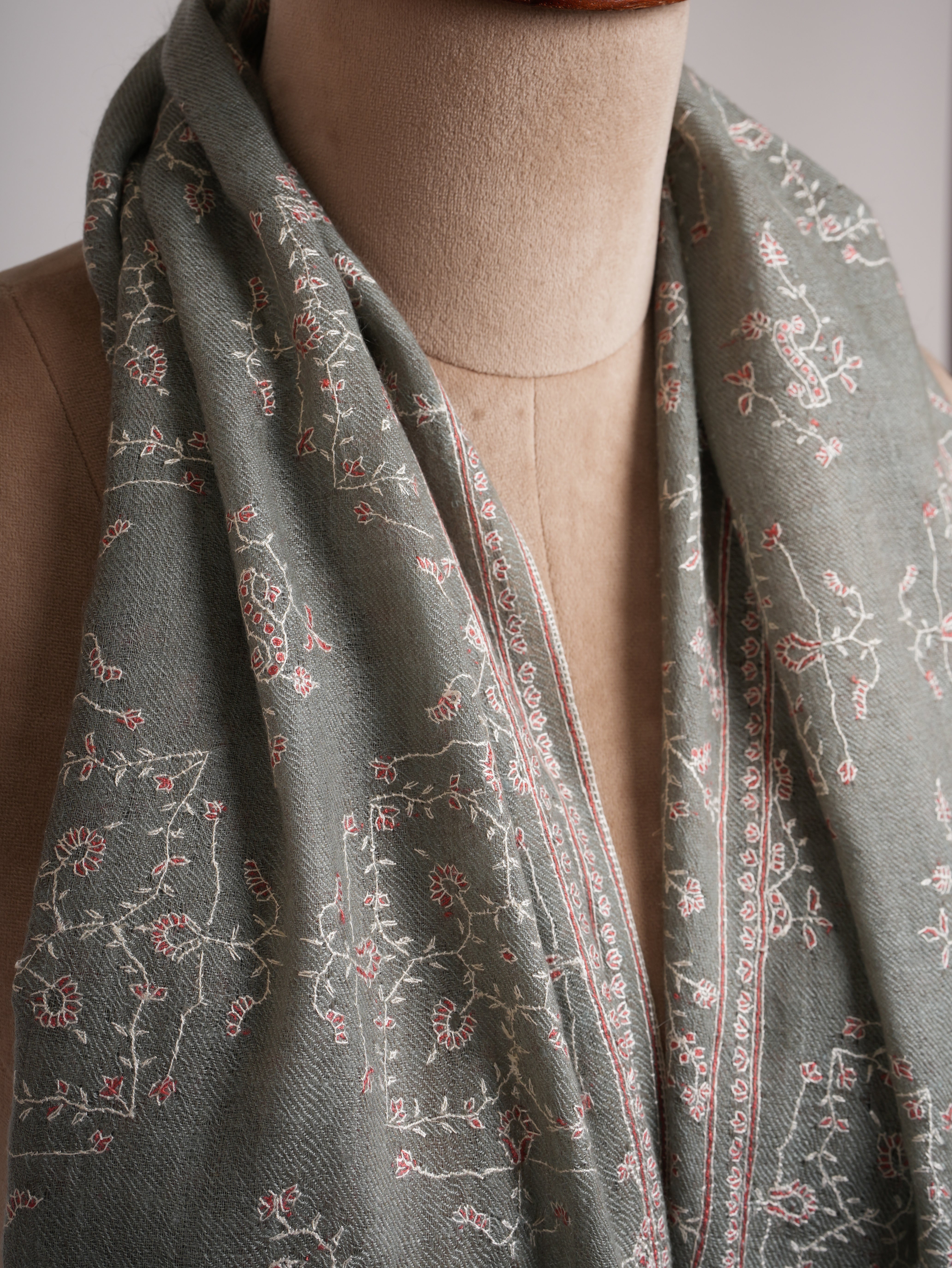 Grey Hand Embroidered Jali Indian Cashmere Scarf