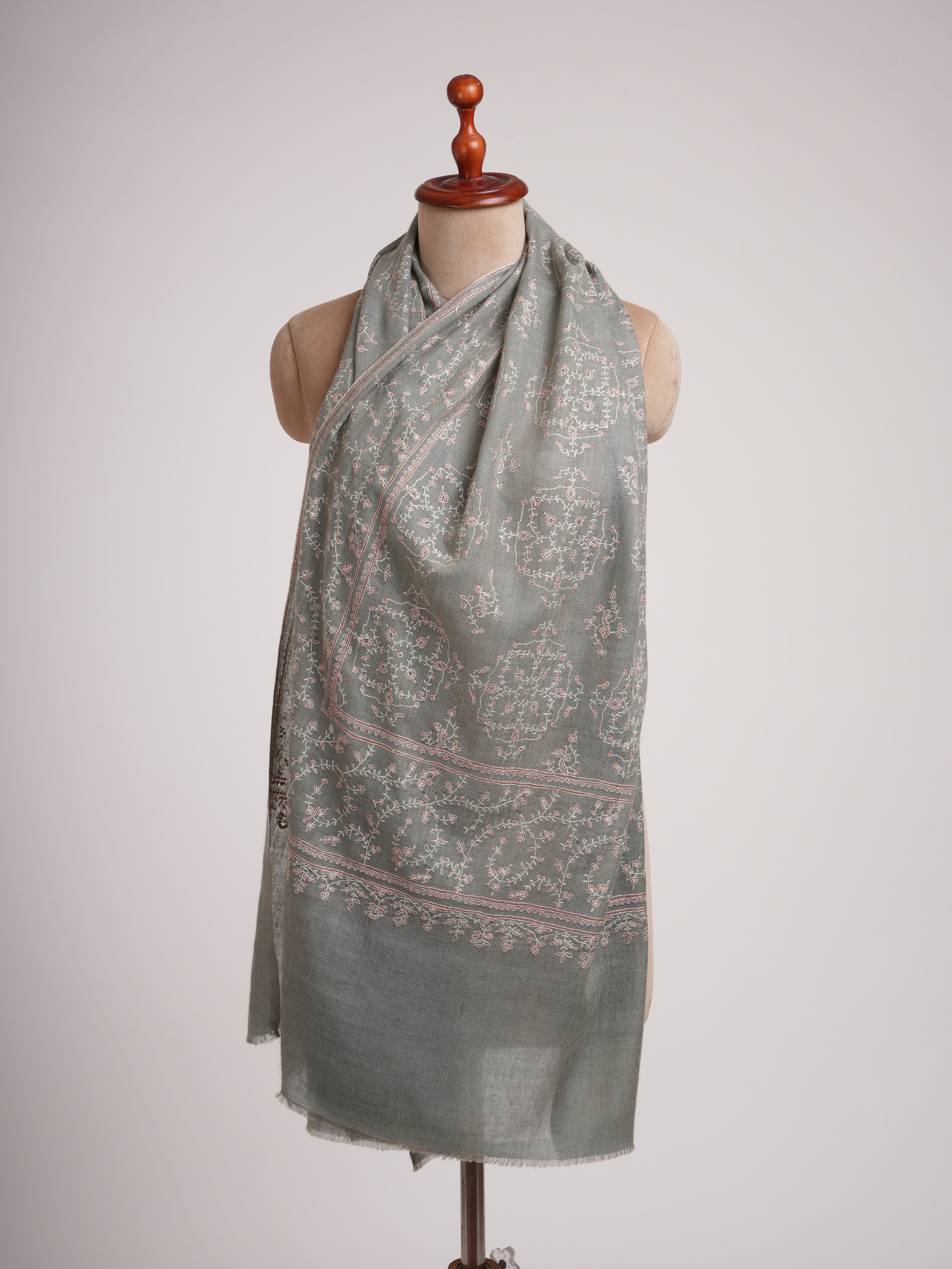 Grey Hand Embroidered Jali Indian Cashmere Scarf