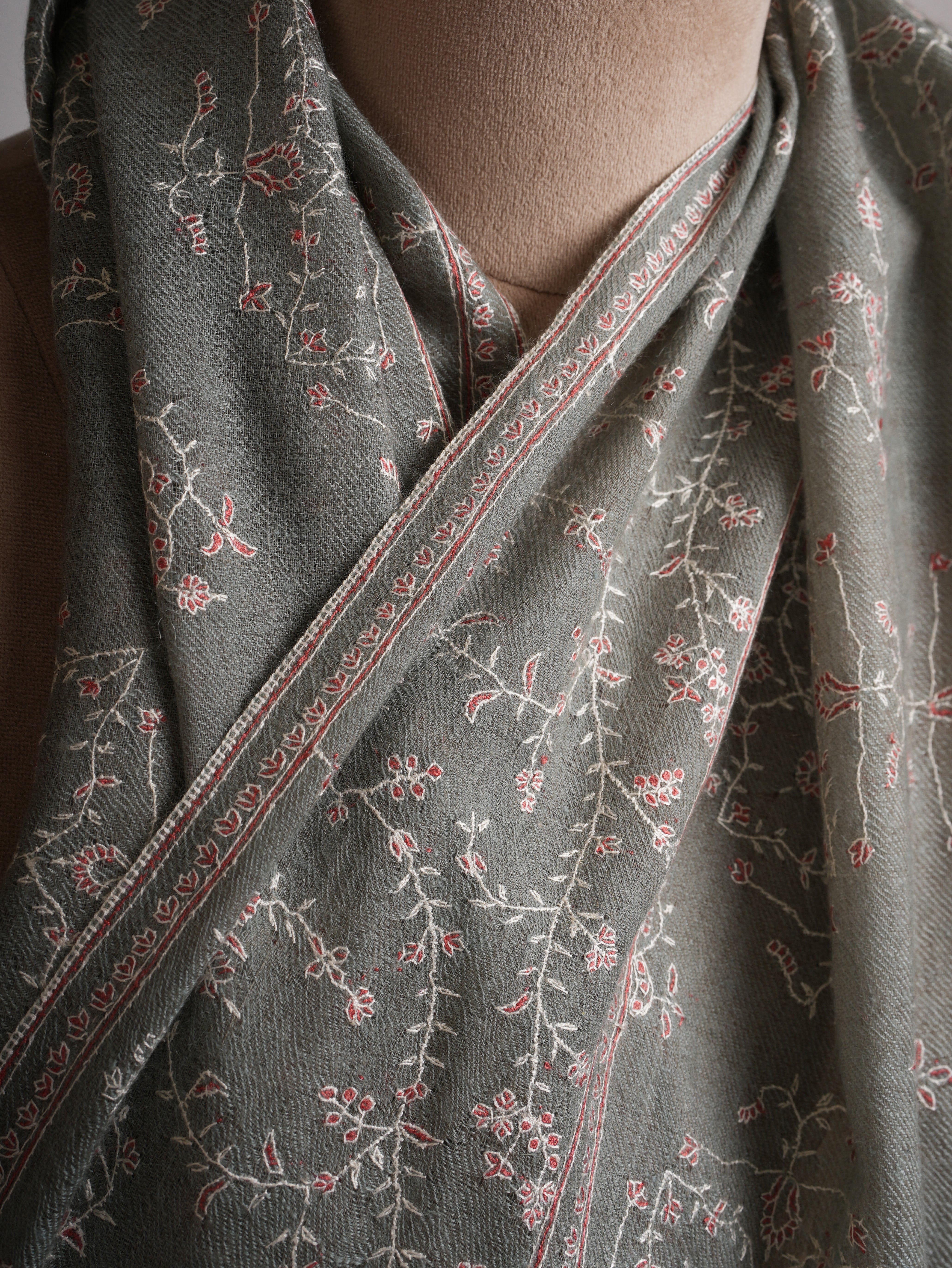 Grey Hand Embroidered Jali Indian Cashmere Scarf