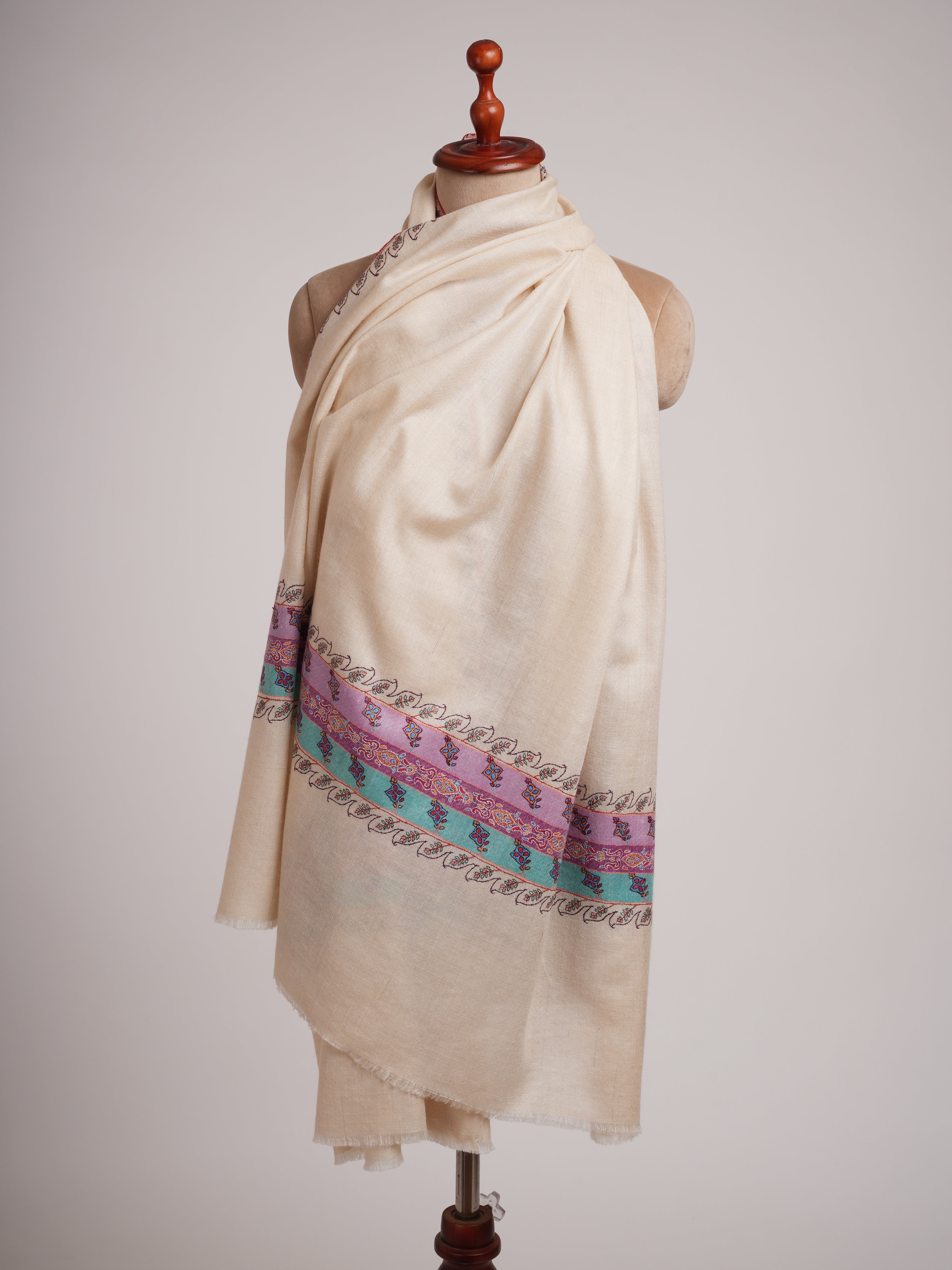 Ivory Pashmina Shawl with Minimalistic Needle work Shahkaar