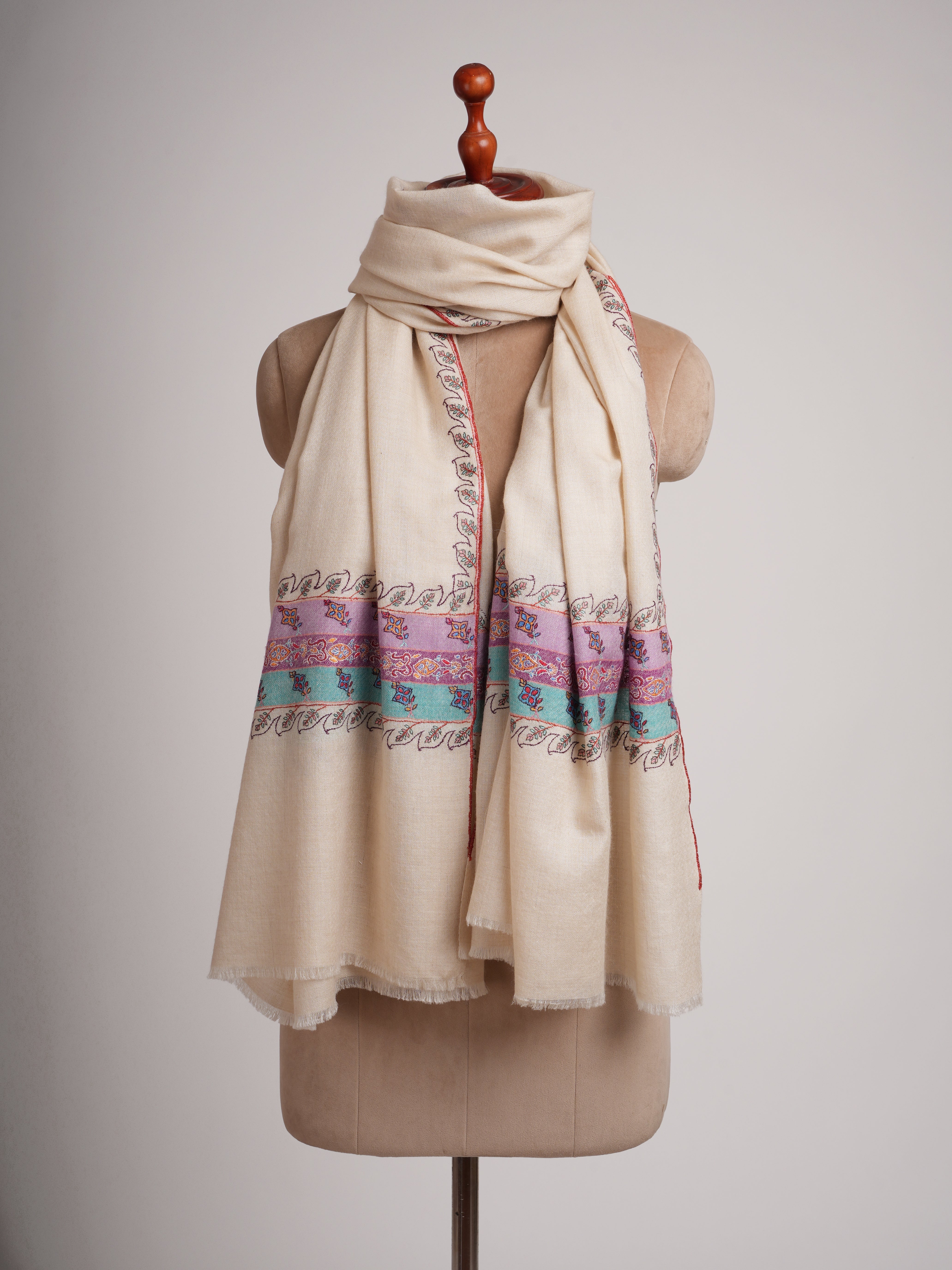 Ivory Pashmina Shawl with Minimalistic Needle work Shahkaar