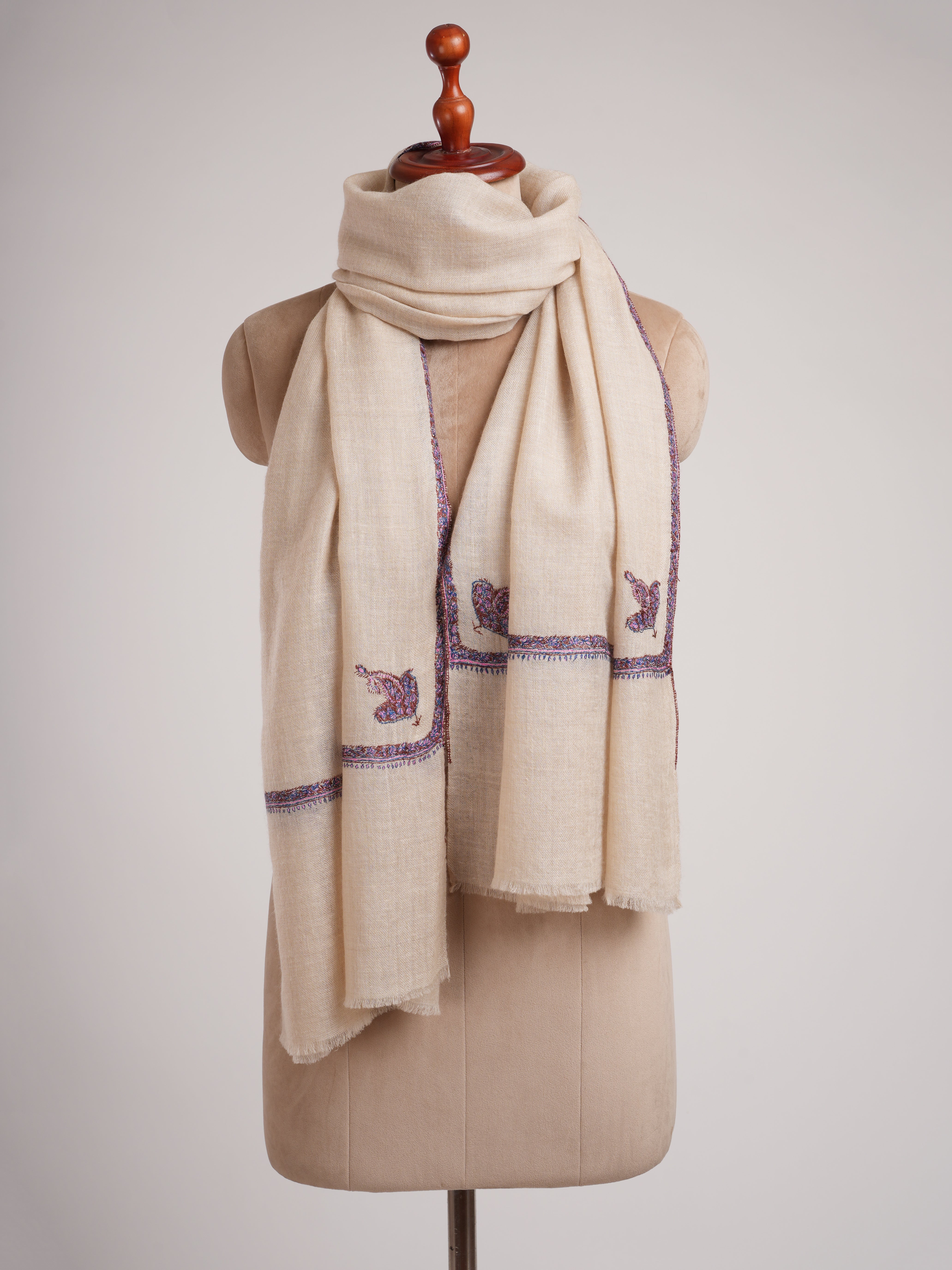 Off white Baildar Motif Sozni Needlework Cashmere Wrap