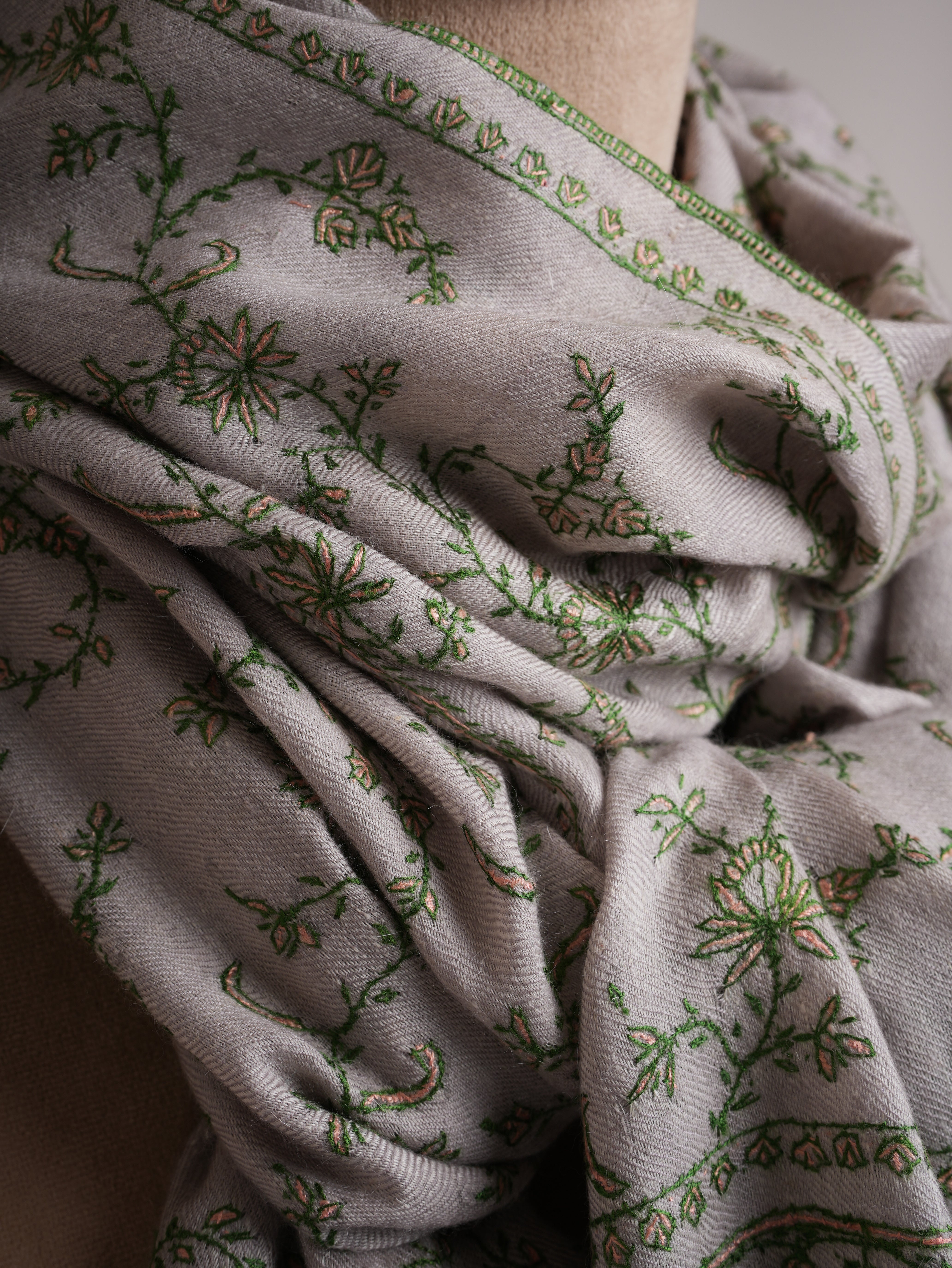 Jali Hand Embroidered Cashmere Scarf Pearl Color - Shahkaar