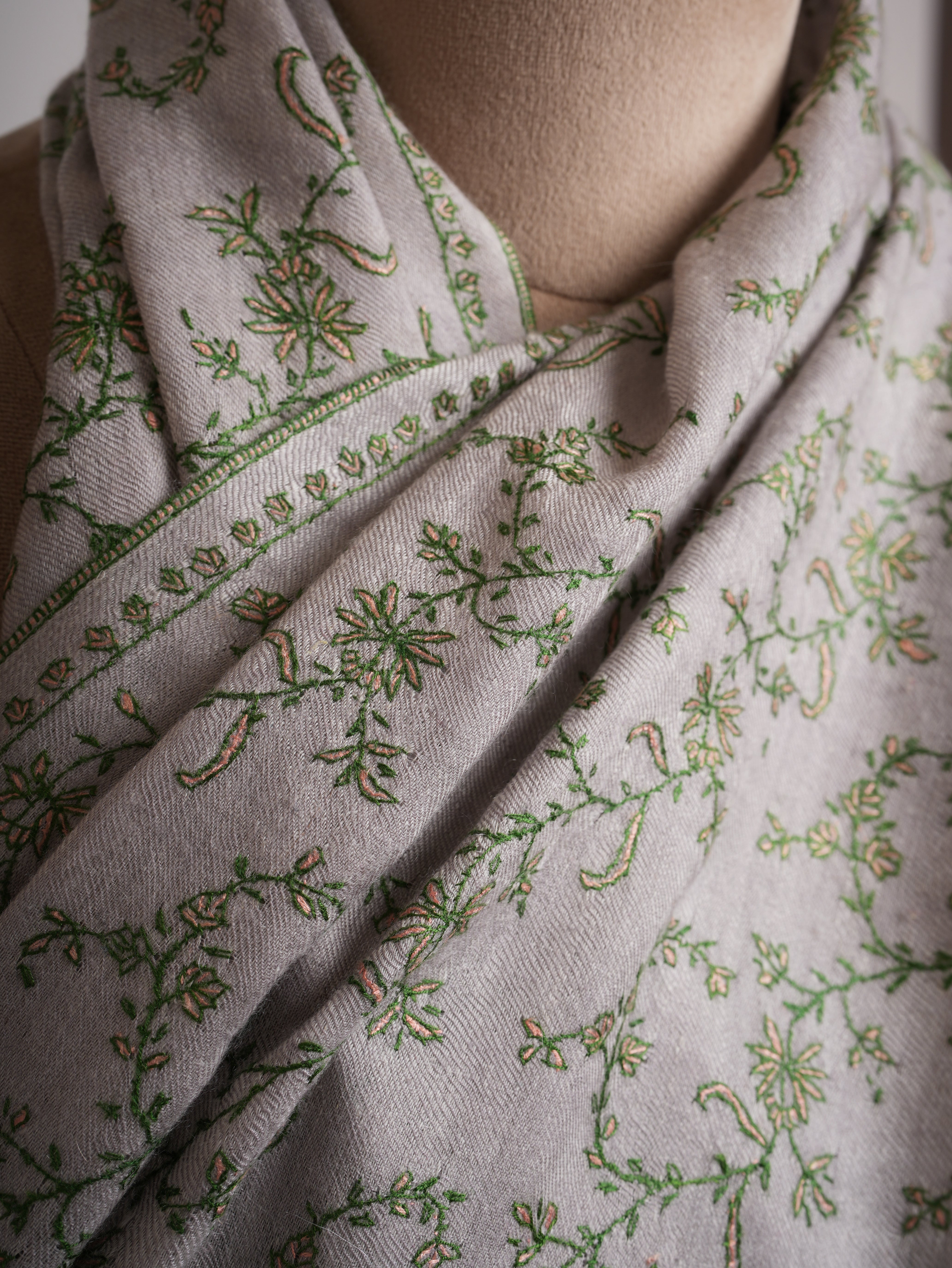 Jali Hand Embroidered Cashmere Scarf Pearl Color - Shahkaar