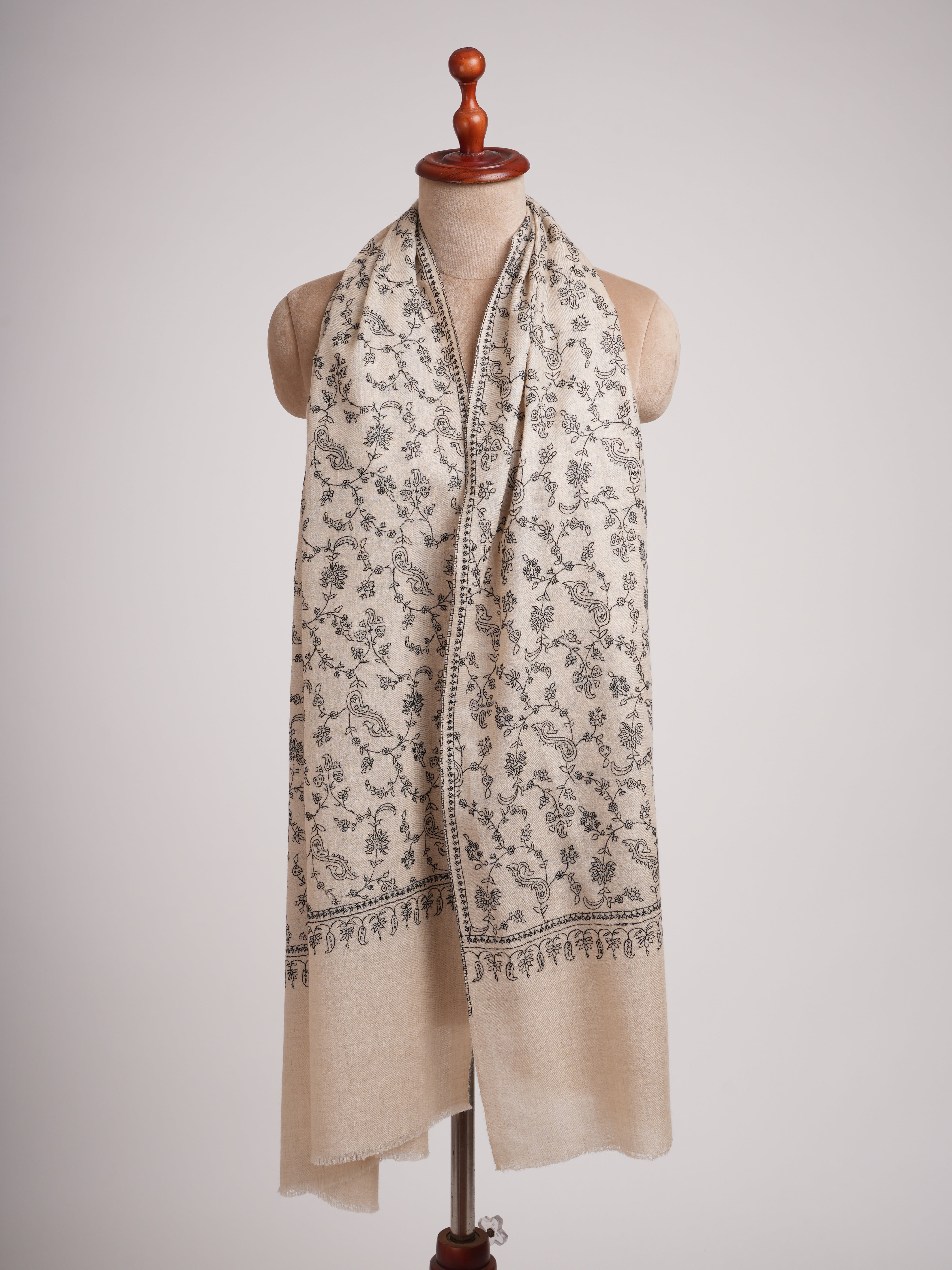 Off white Hand embroidered Jalldar Cashmere Stole