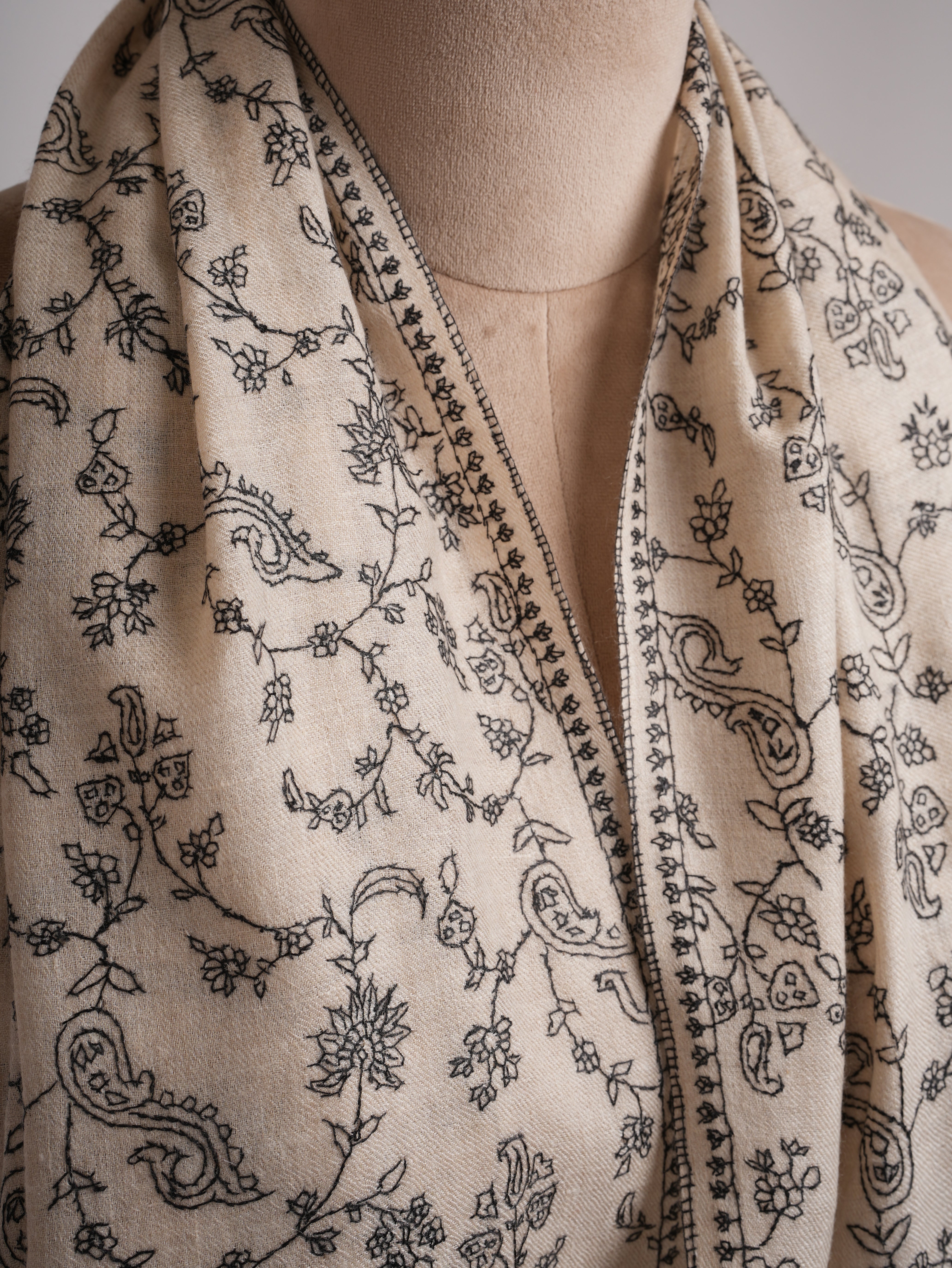 Off white Hand embroidered Jalldar Cashmere Stole