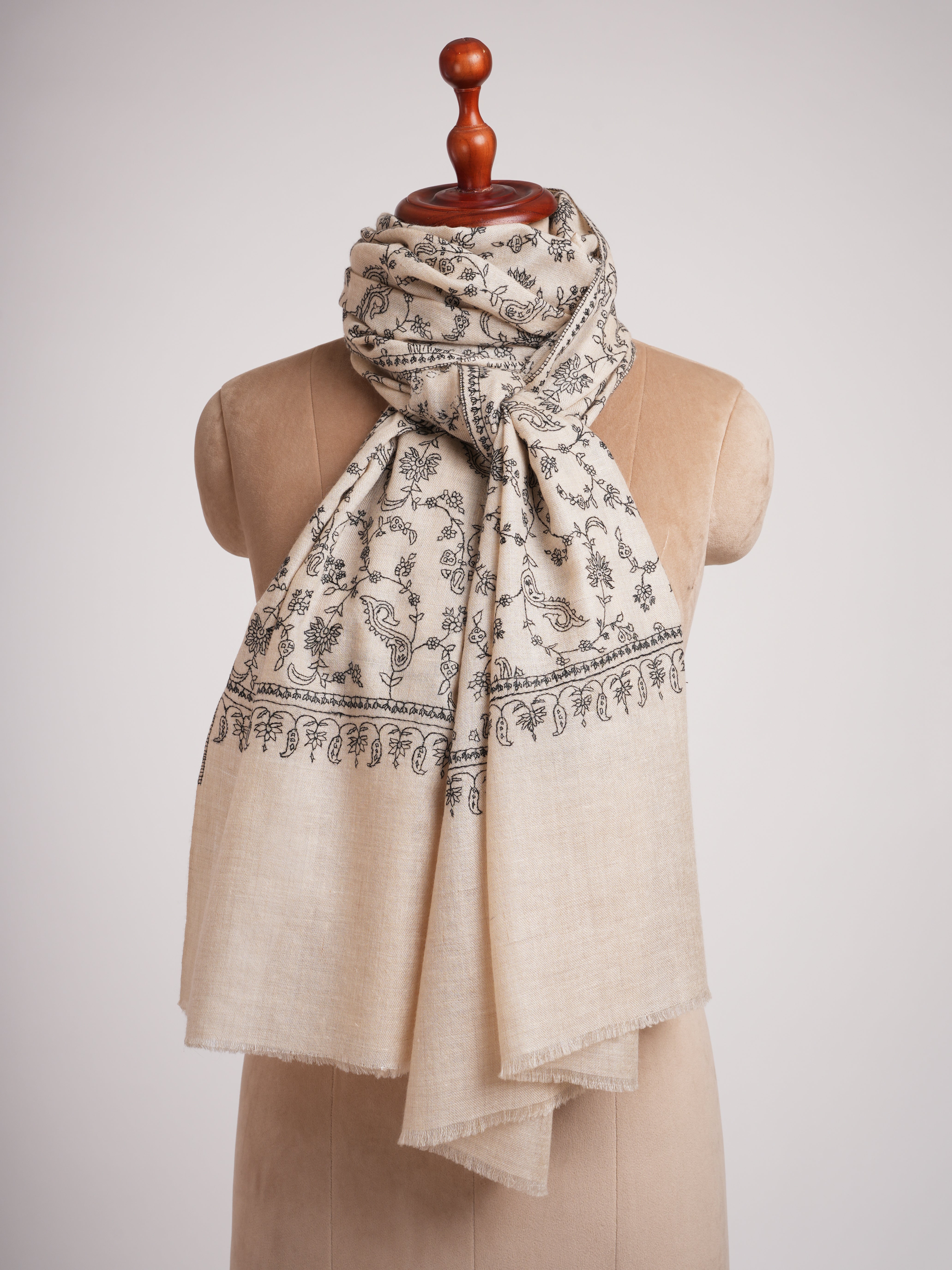 Off white Hand embroidered Jalldar Cashmere Stole