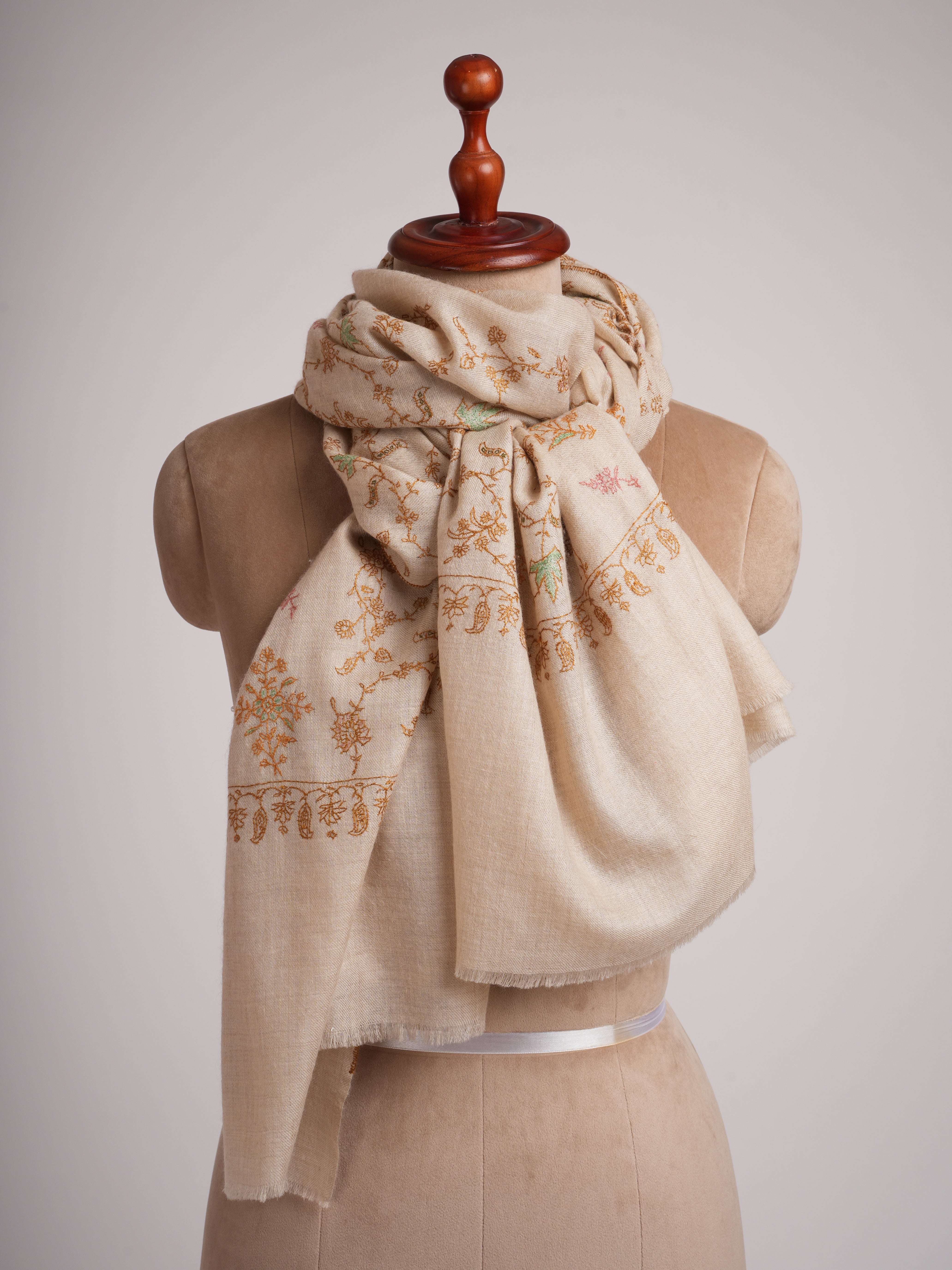 Off white Cashmere Stole Khatras Embroidered Bute