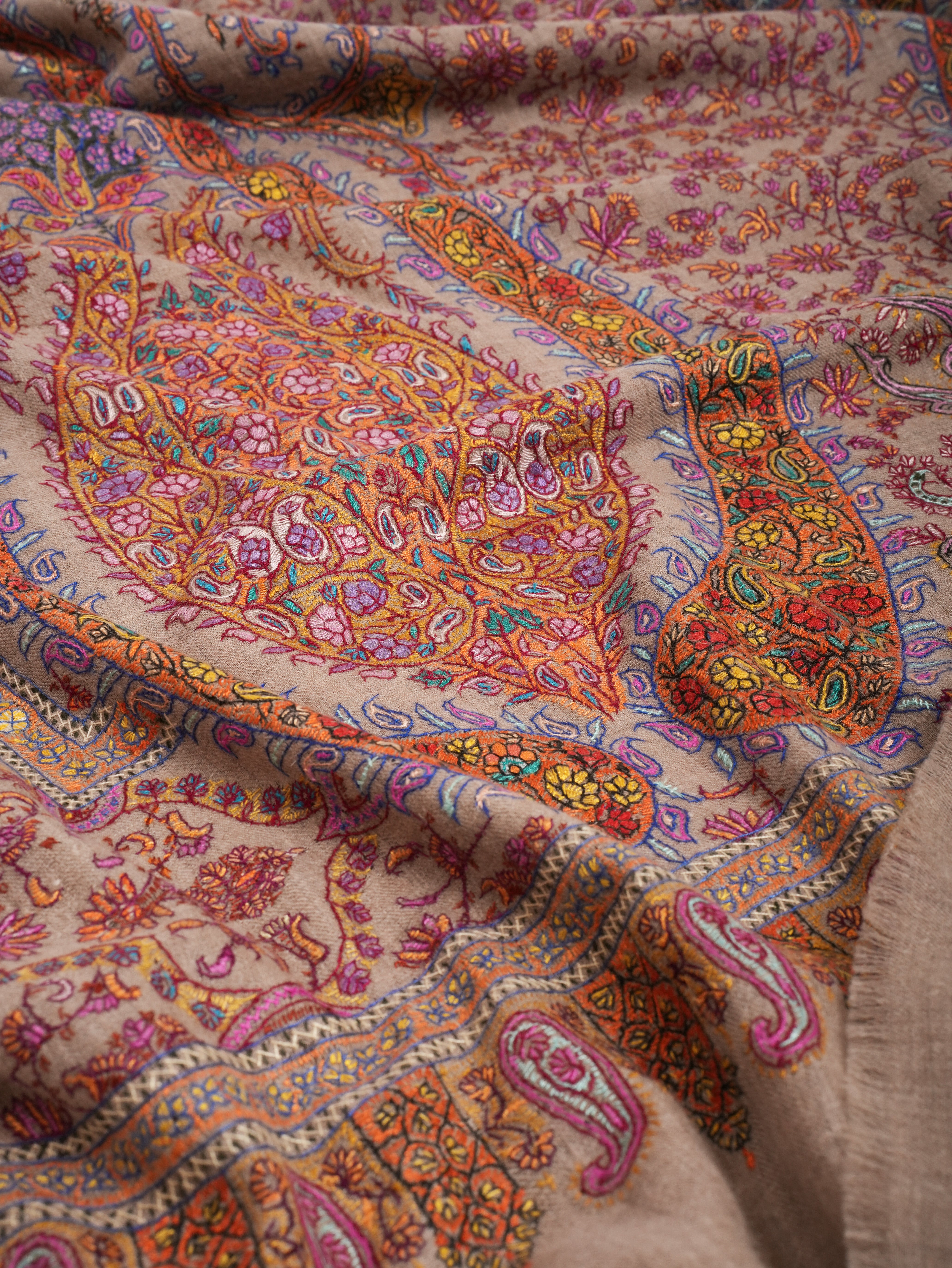 Taupe Artistic Kashmiri Pashmina Jamavar Shawl