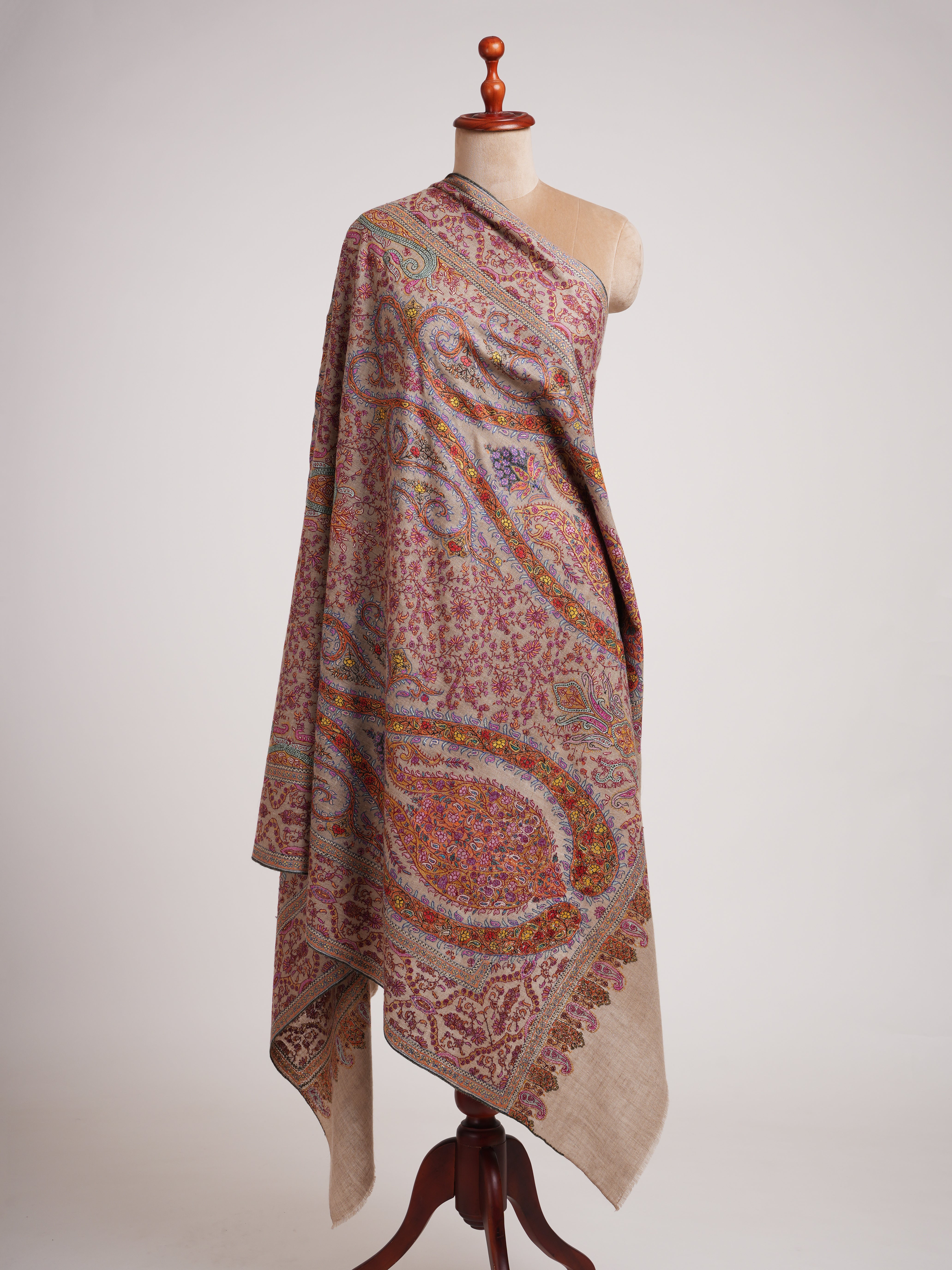 Taupe Artistic Kashmiri Pashmina Jamavar Shawl