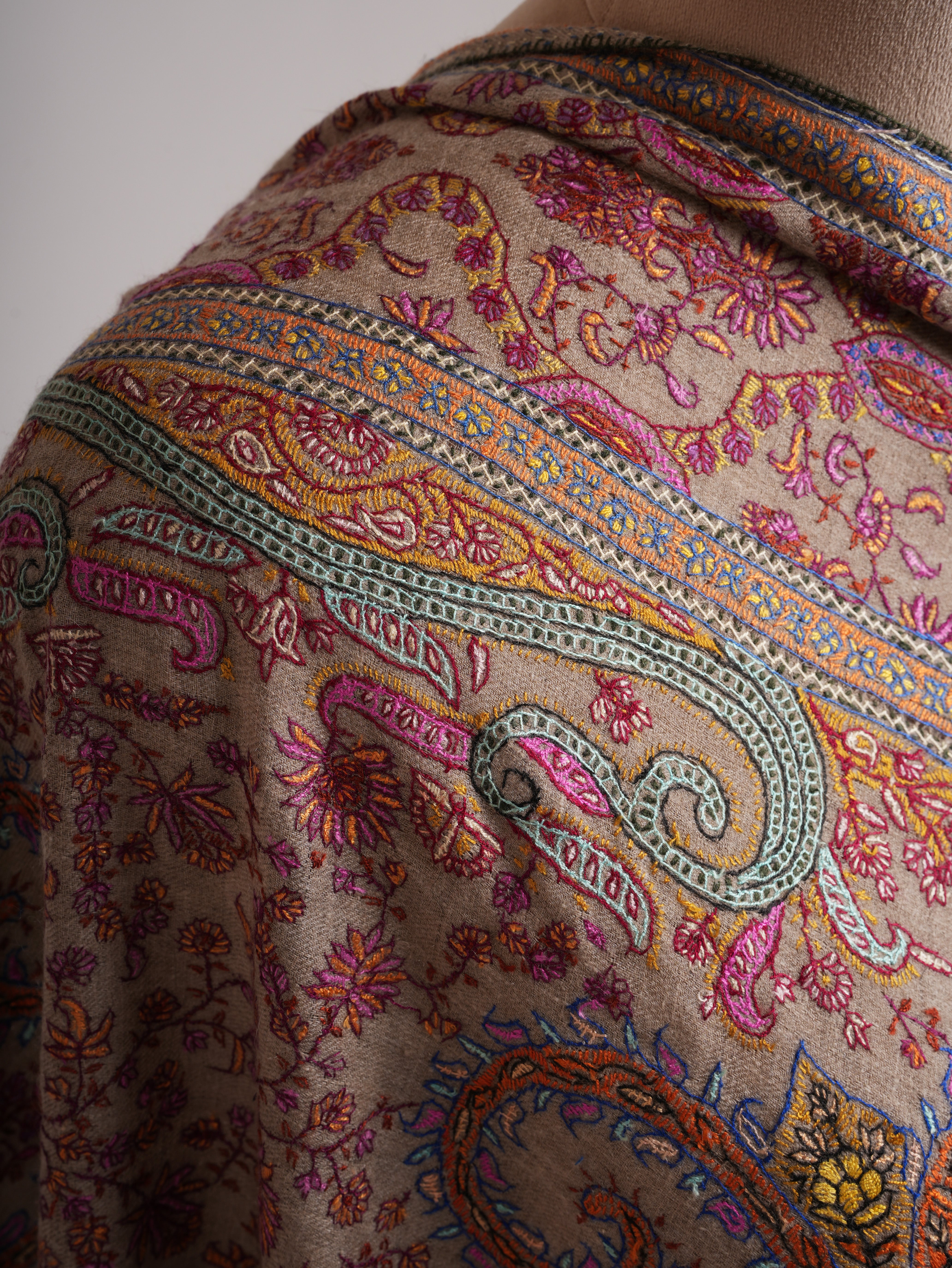 Taupe Artistic Kashmiri Pashmina Jamavar Shawl