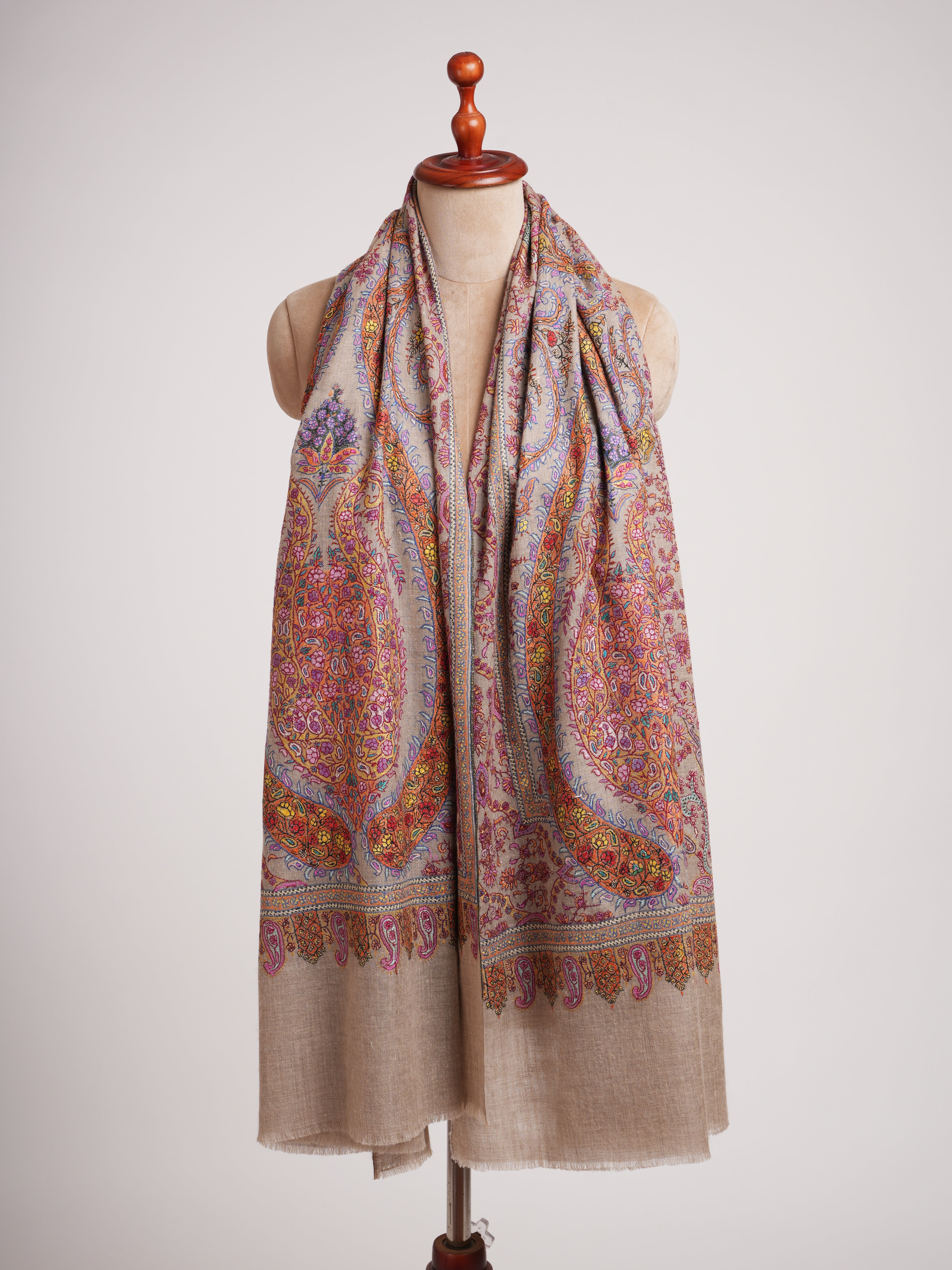 Taupe Artistic Kashmiri Pashmina Jamavar Shawl