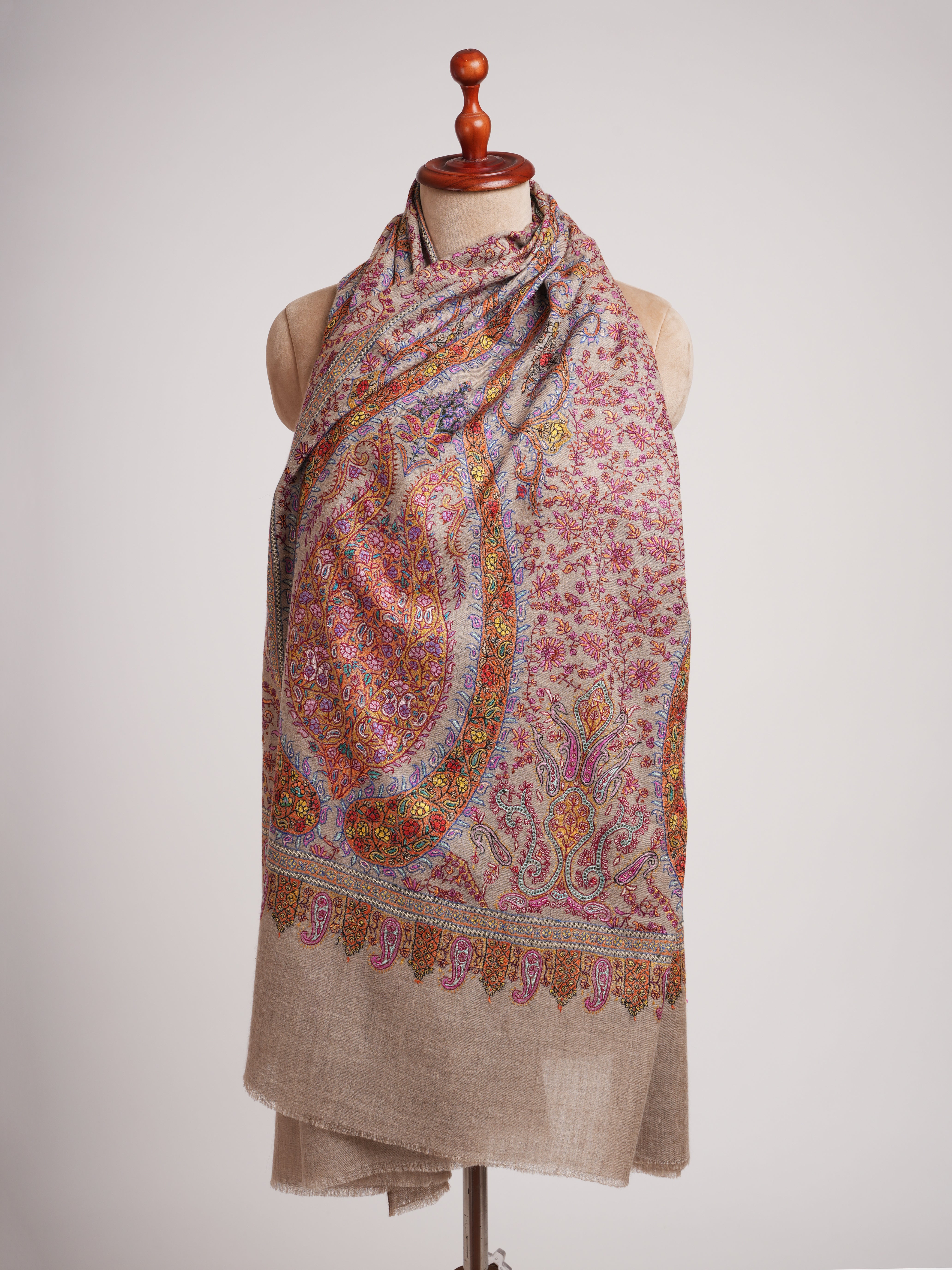 Taupe Artistic Kashmiri Pashmina Jamavar Shawl