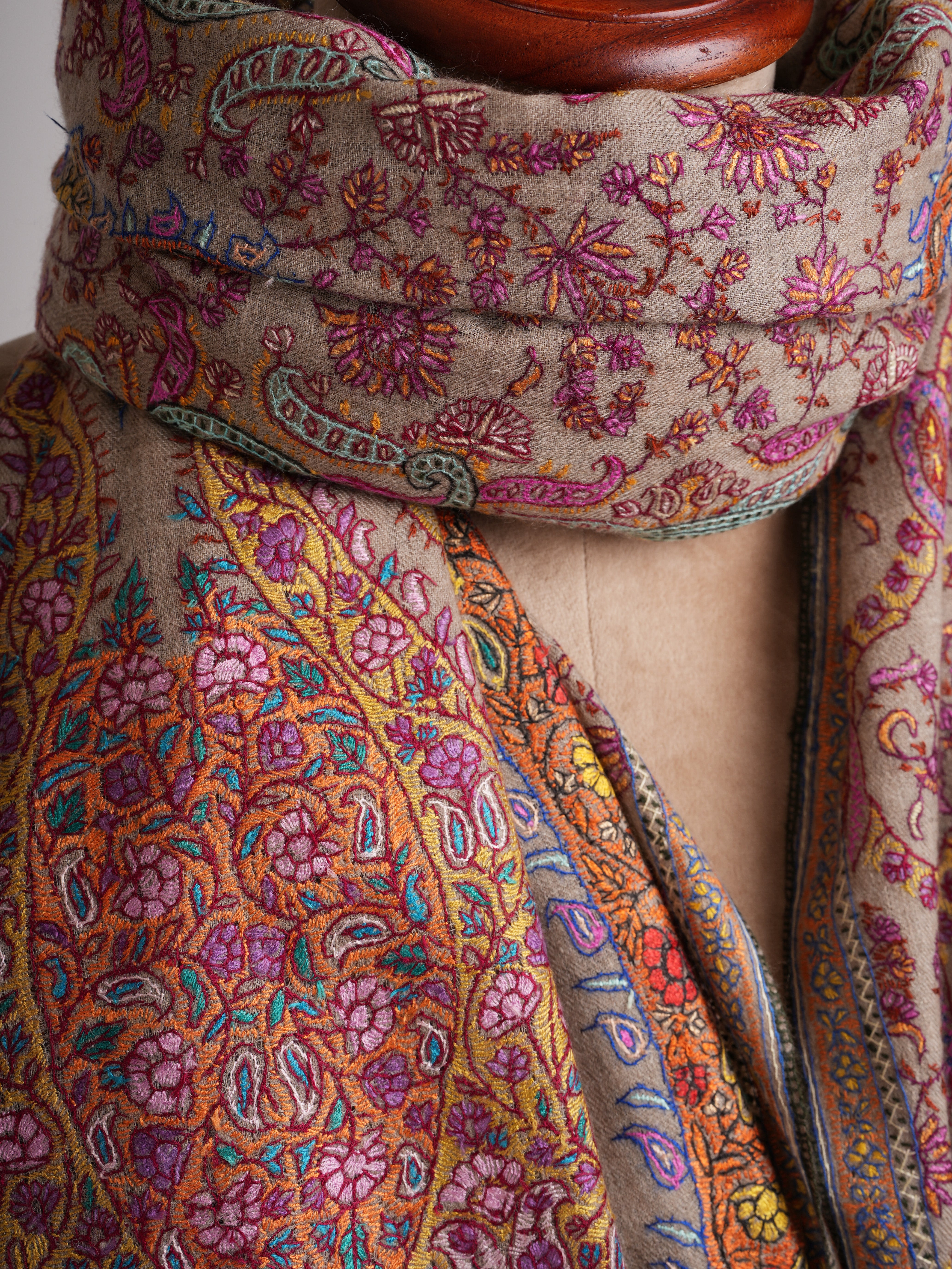 Taupe Artistic Kashmiri Pashmina Jamavar Shawl