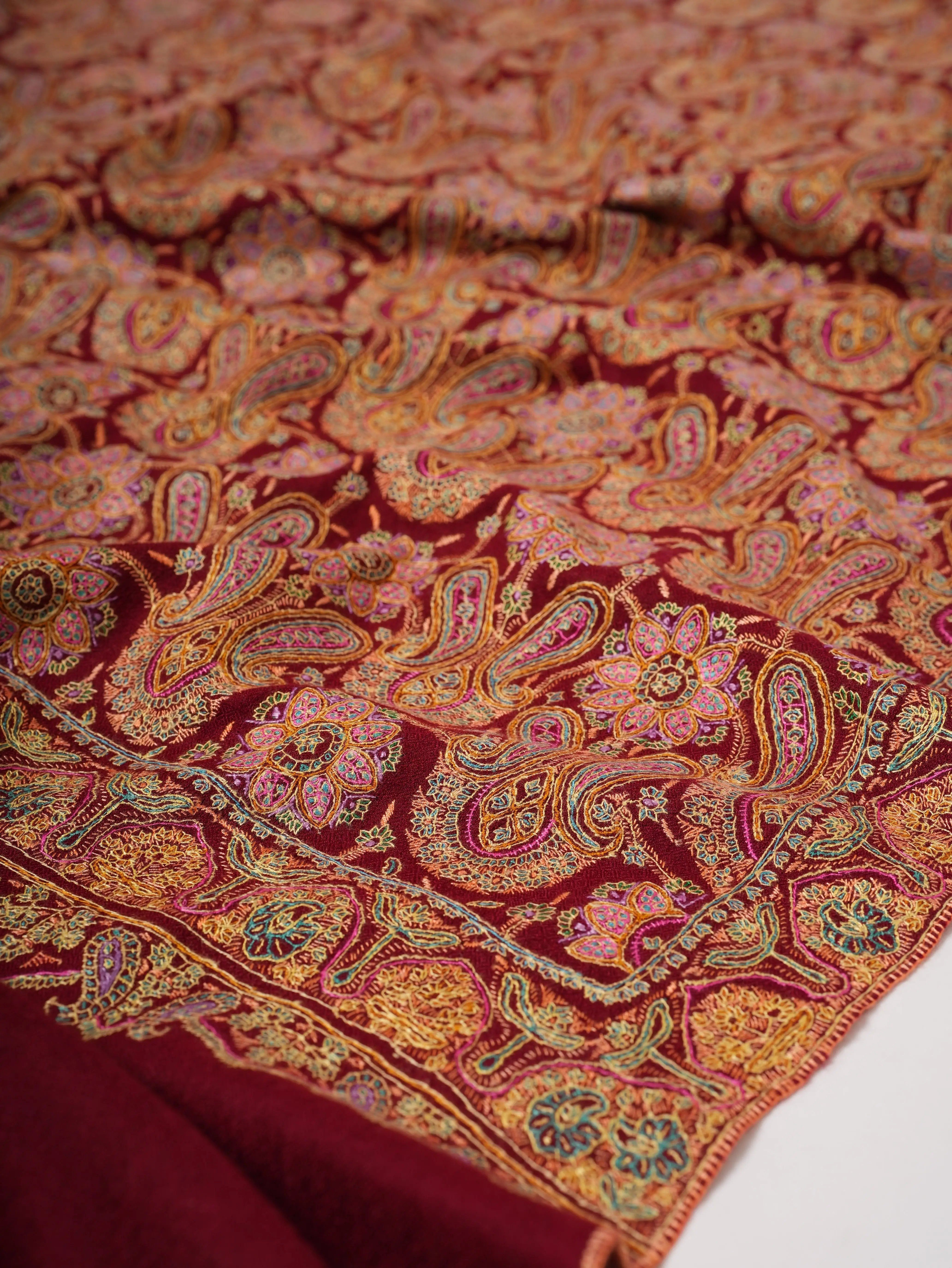 Hand Embroidered Burgundy Pure Pashmina Jamavar Shawl Shahkaar