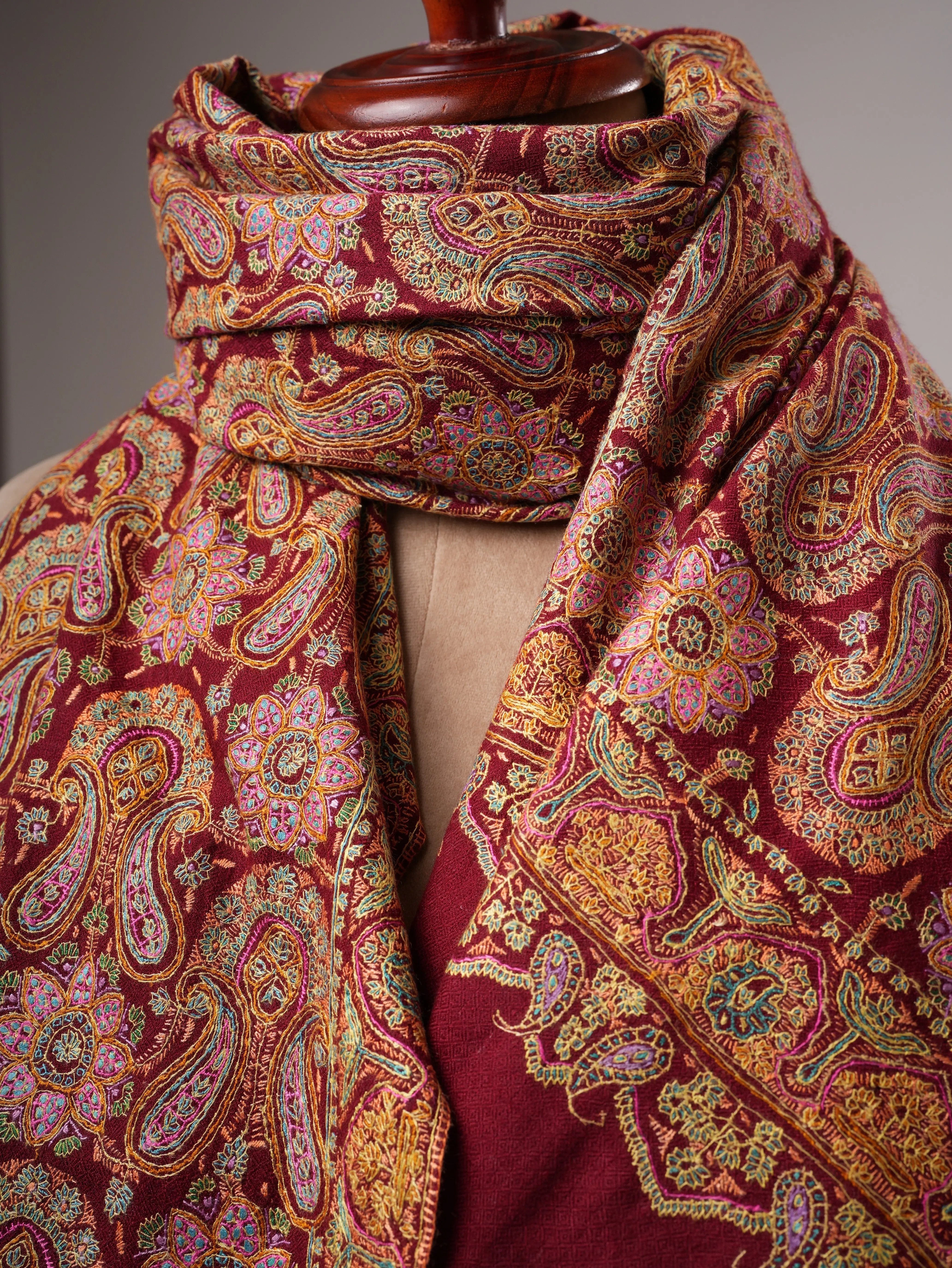 Hand Embroidered Burgundy Pure Pashmina Jamavar Shawl Shahkaar