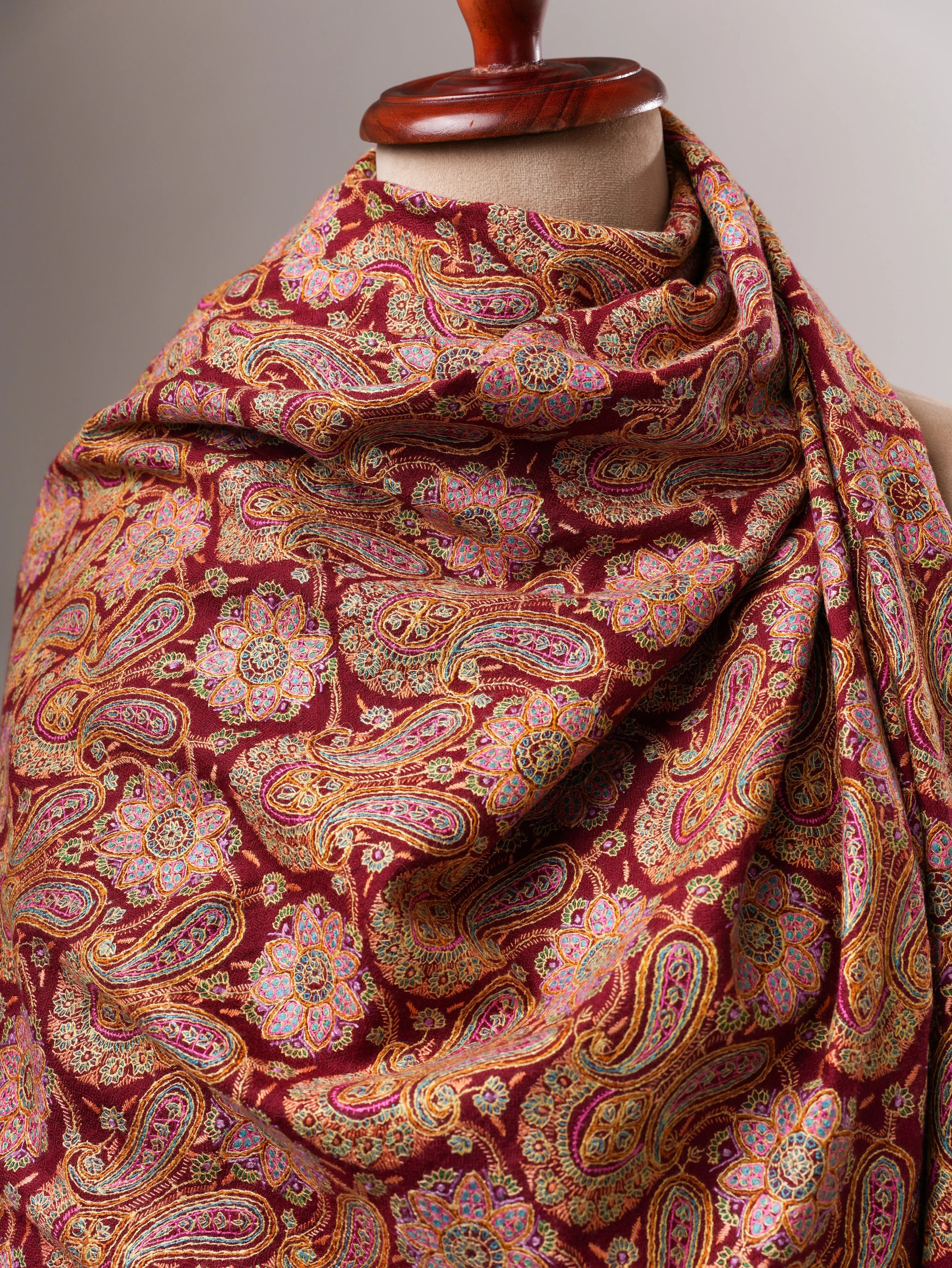 Hand Embroidered Burgundy Pure Pashmina Jamavar Shawl Shahkaar