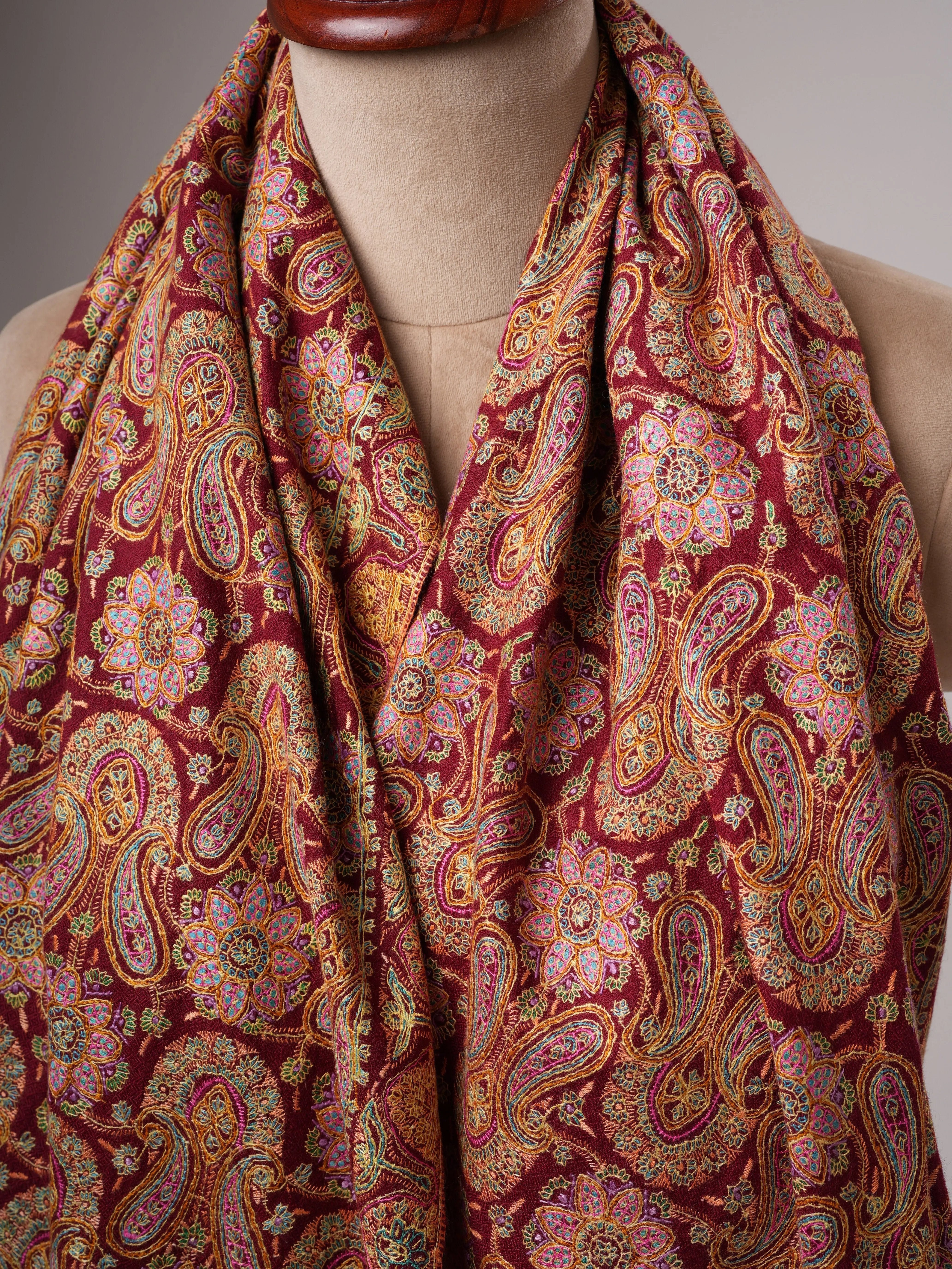 Hand Embroidered Burgundy Pure Pashmina Jamavar Shawl Shahkaar