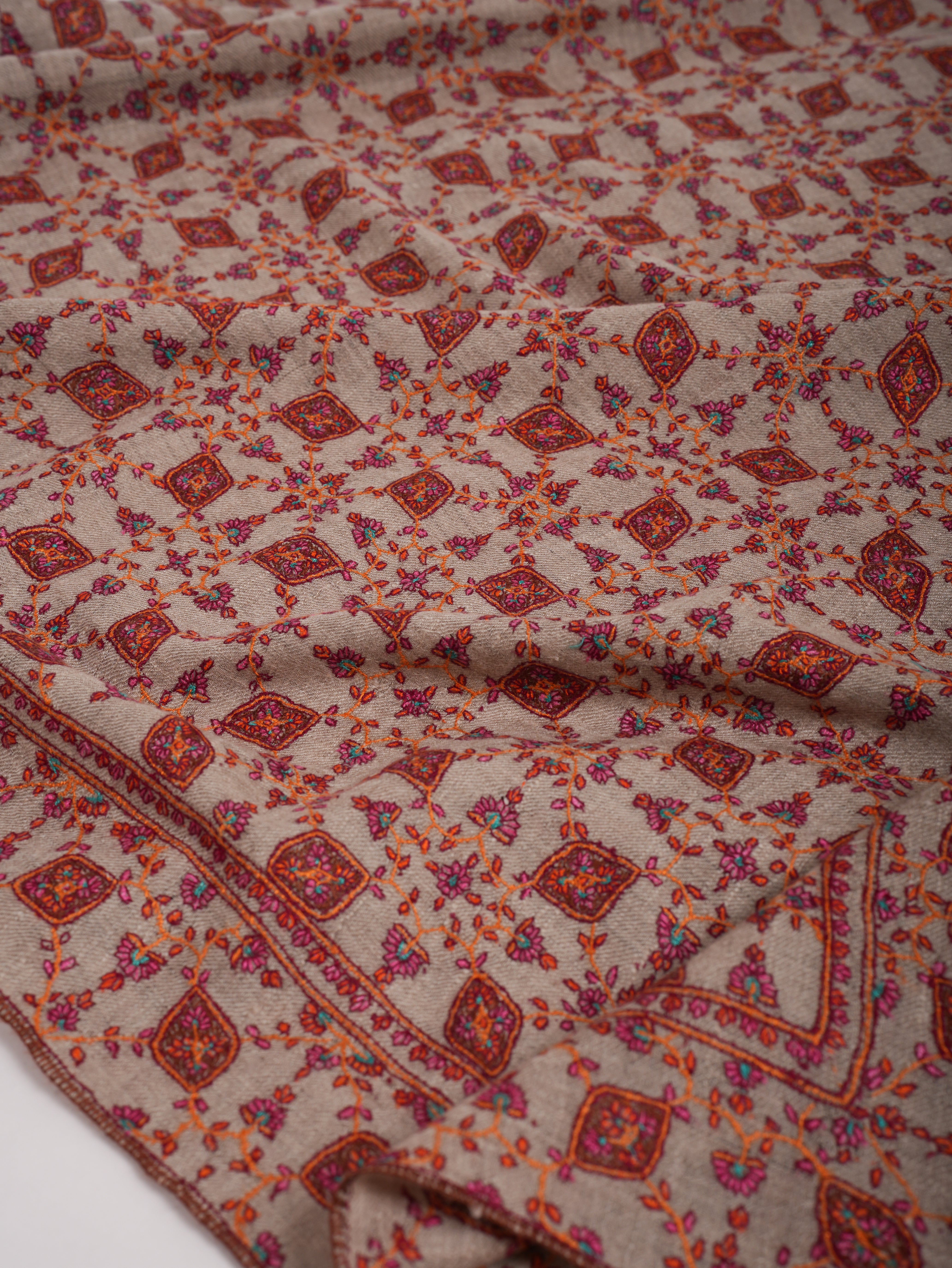 Hand Embroidered Neem Jamavar Pashmina Shawl Natural Taupe