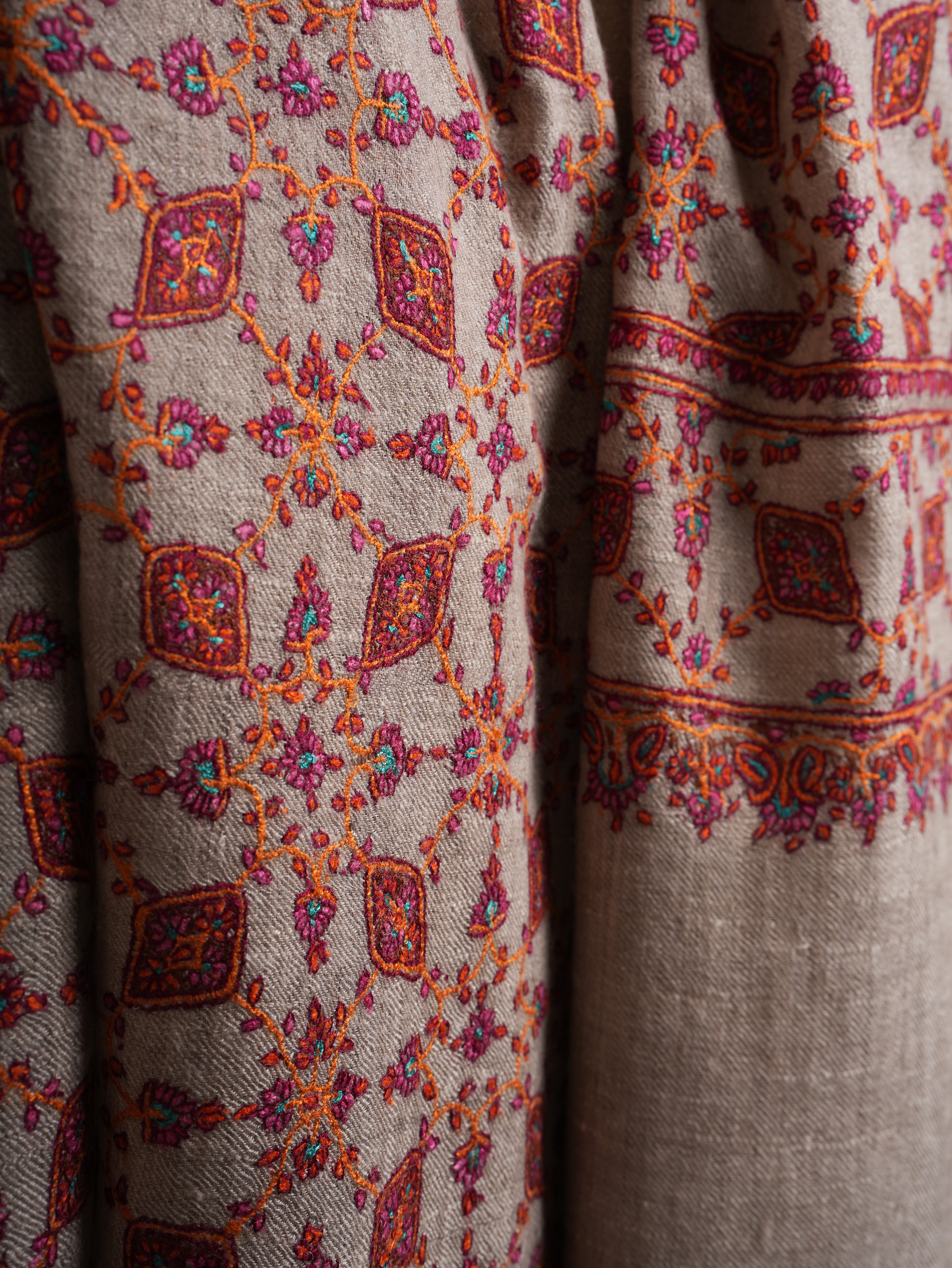 Hand Embroidered Neem Jamavar Pashmina Shawl Natural Taupe