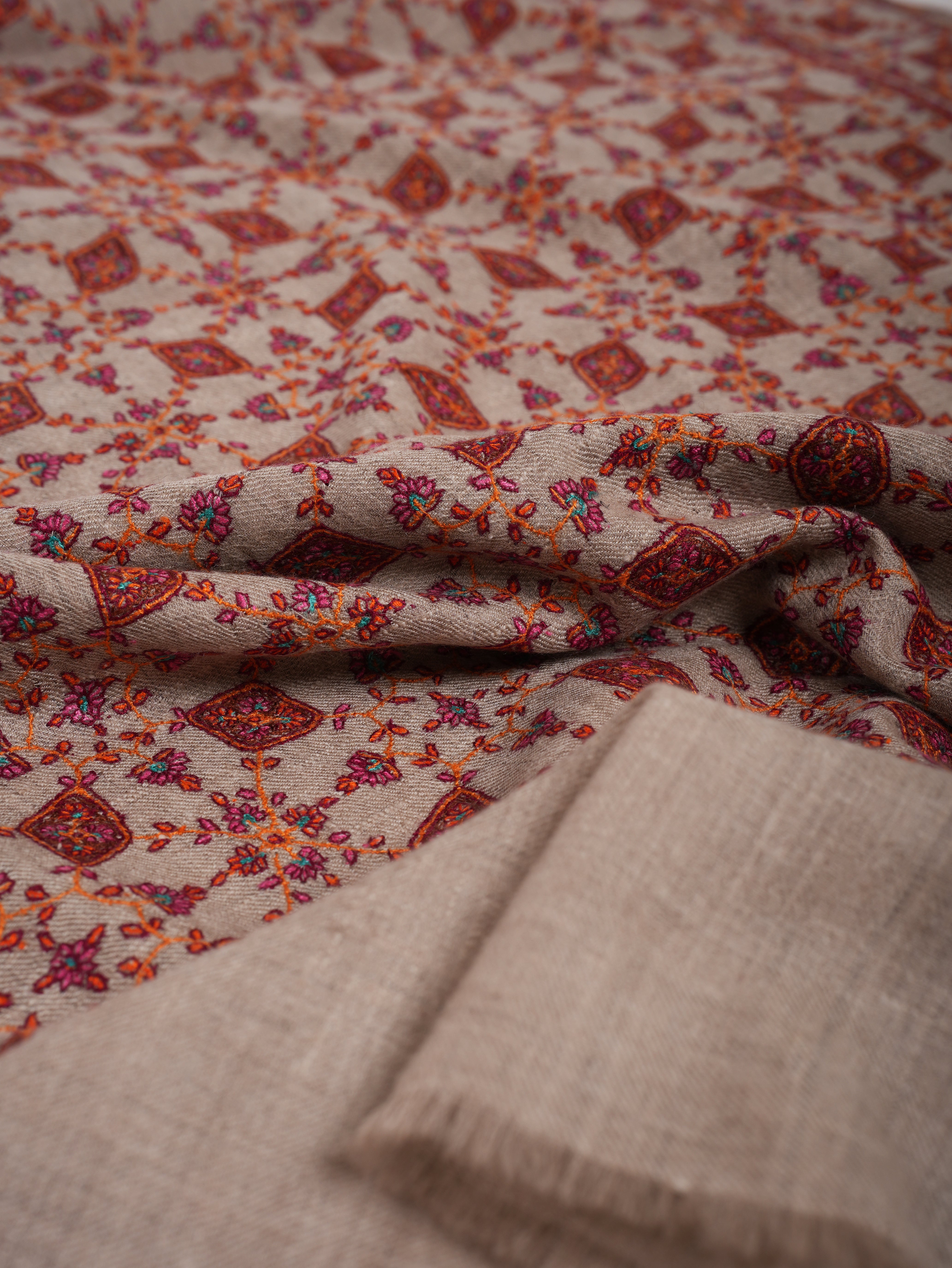 Hand Embroidered Neem Jamavar Pashmina Shawl Natural Taupe