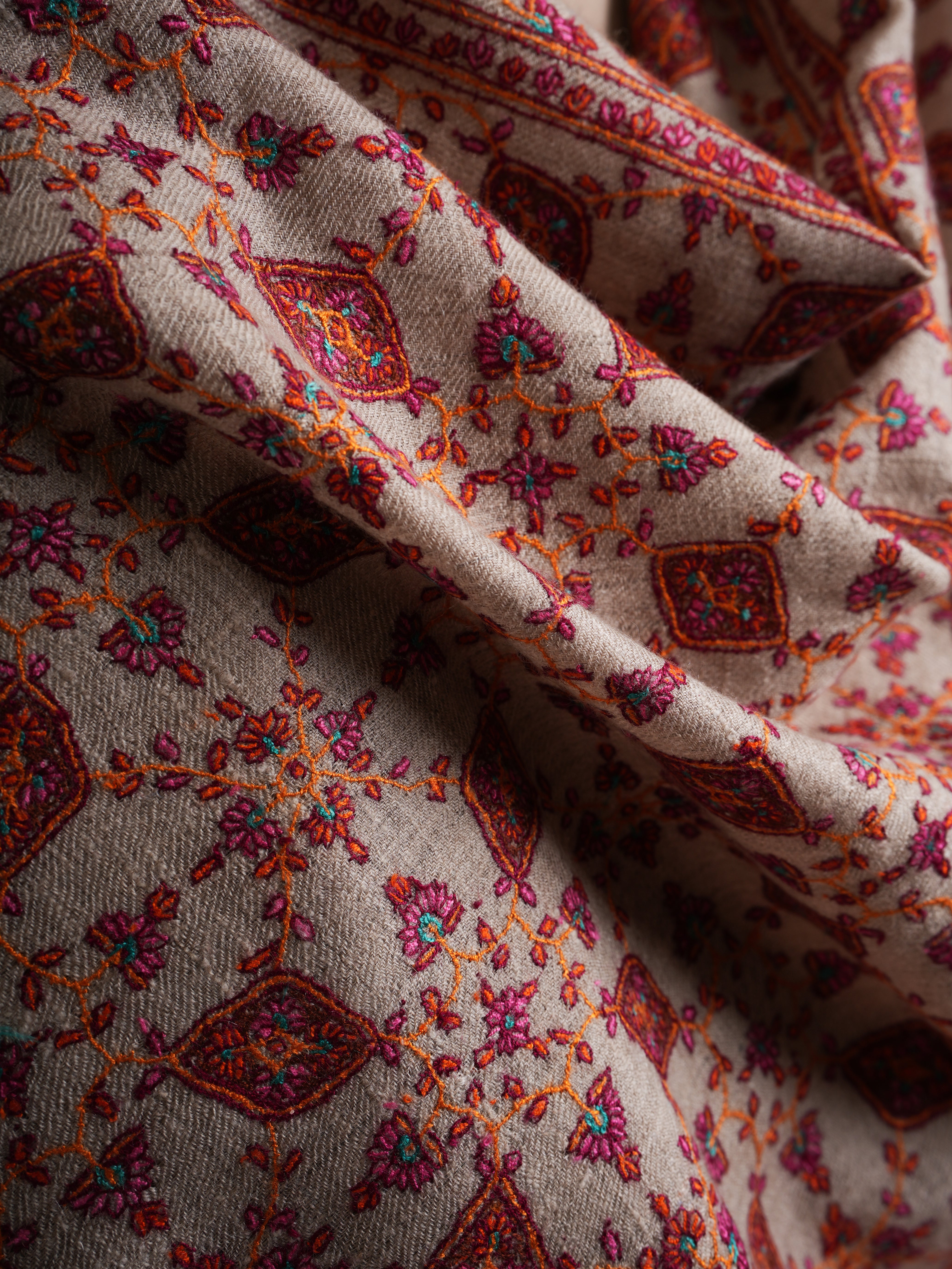 Hand Embroidered Neem Jamavar Pashmina Shawl Natural Taupe