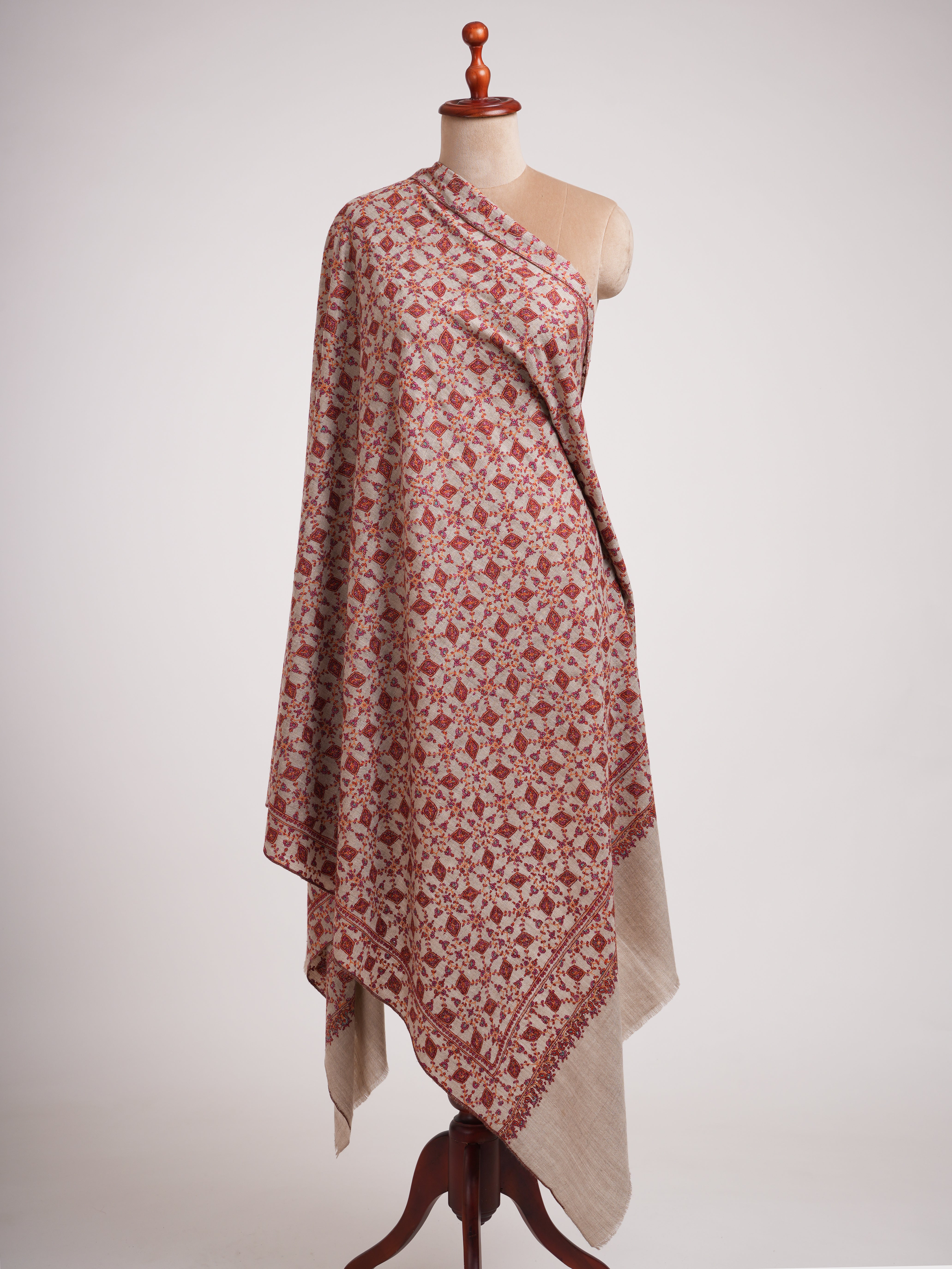 Hand Embroidered Neem Jamavar Pashmina Shawl Natural Taupe