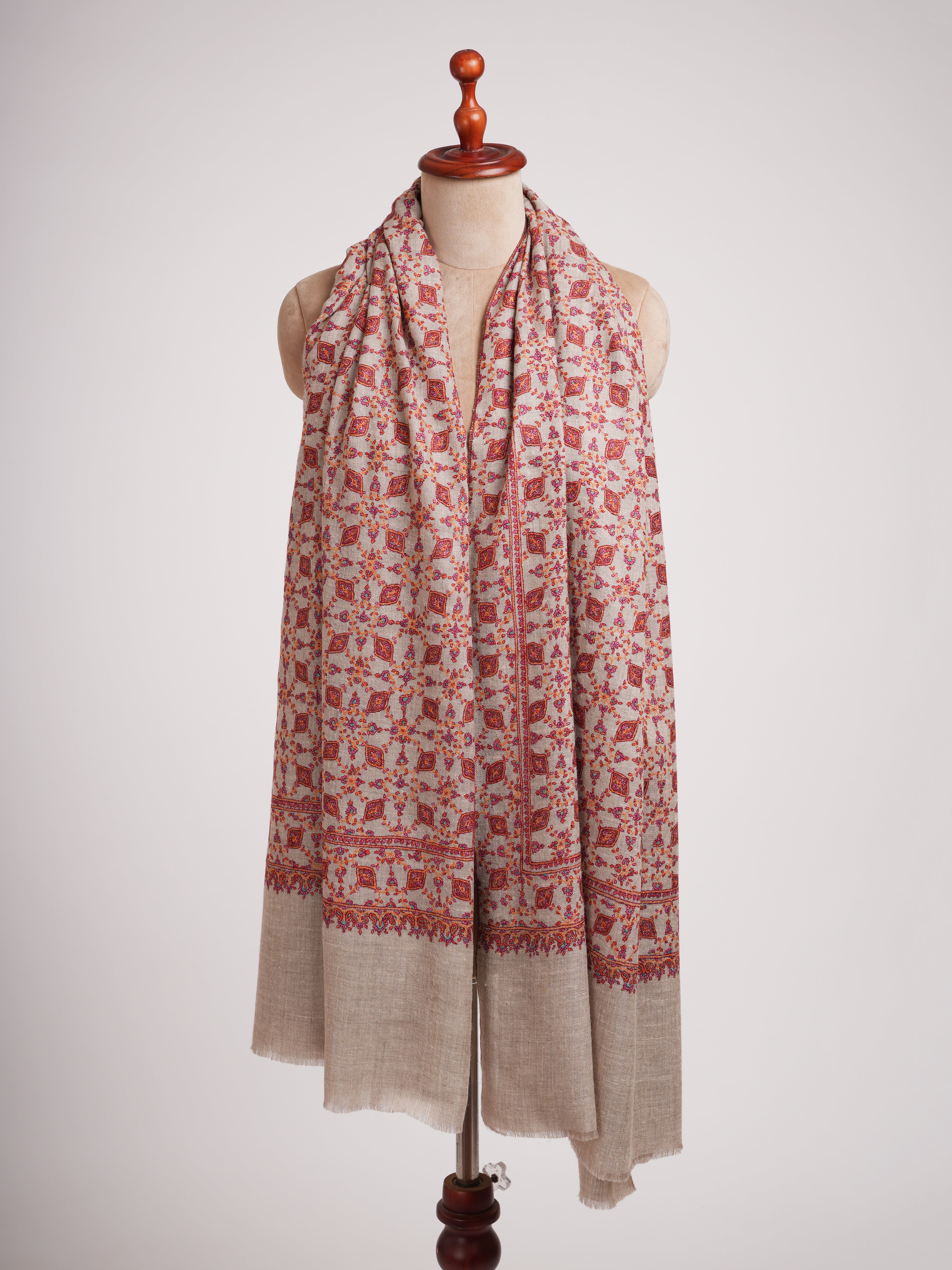 Hand Embroidered Neem Jamavar Pashmina Shawl Natural Taupe
