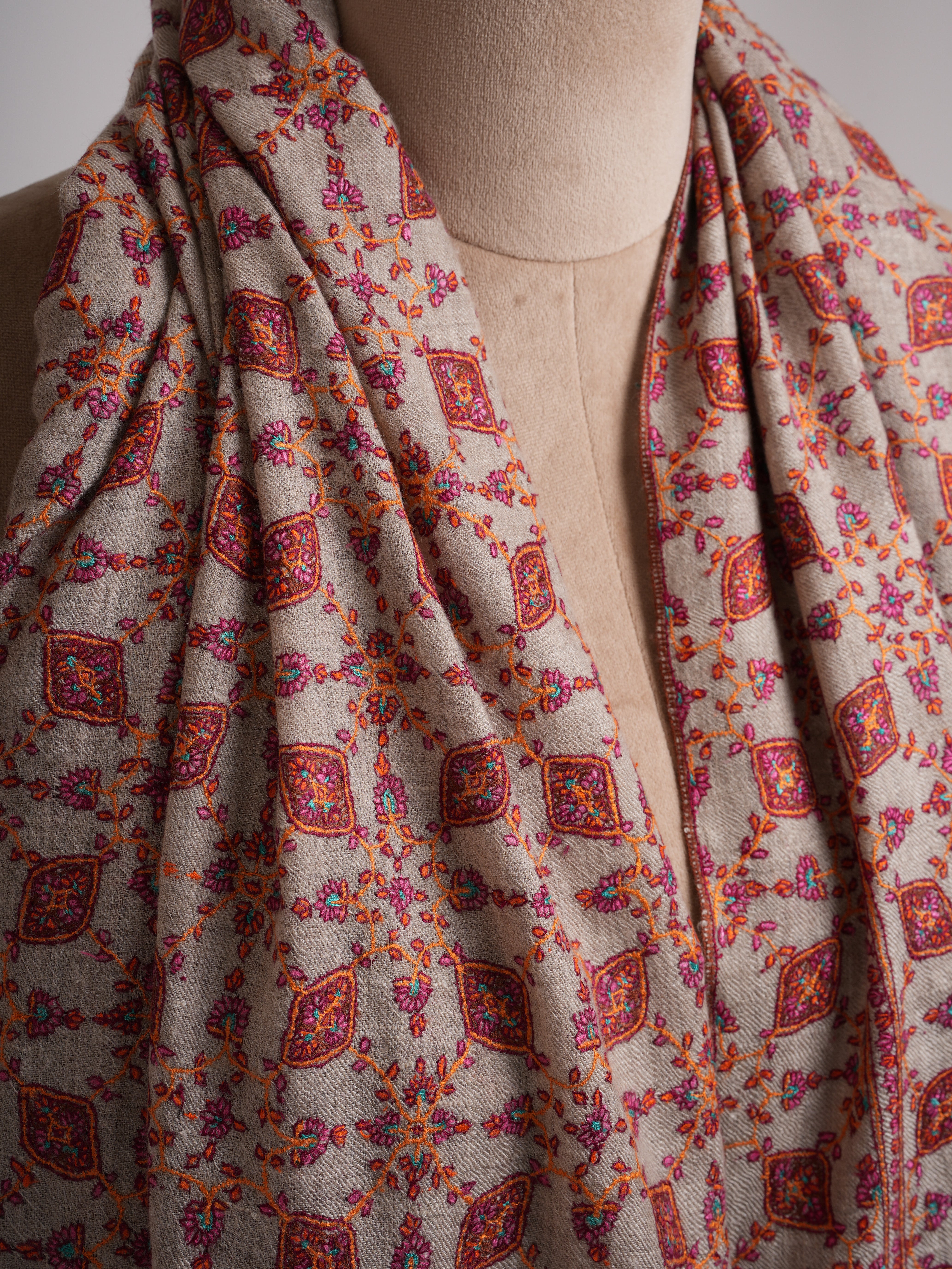 Hand Embroidered Neem Jamavar Pashmina Shawl Natural Taupe