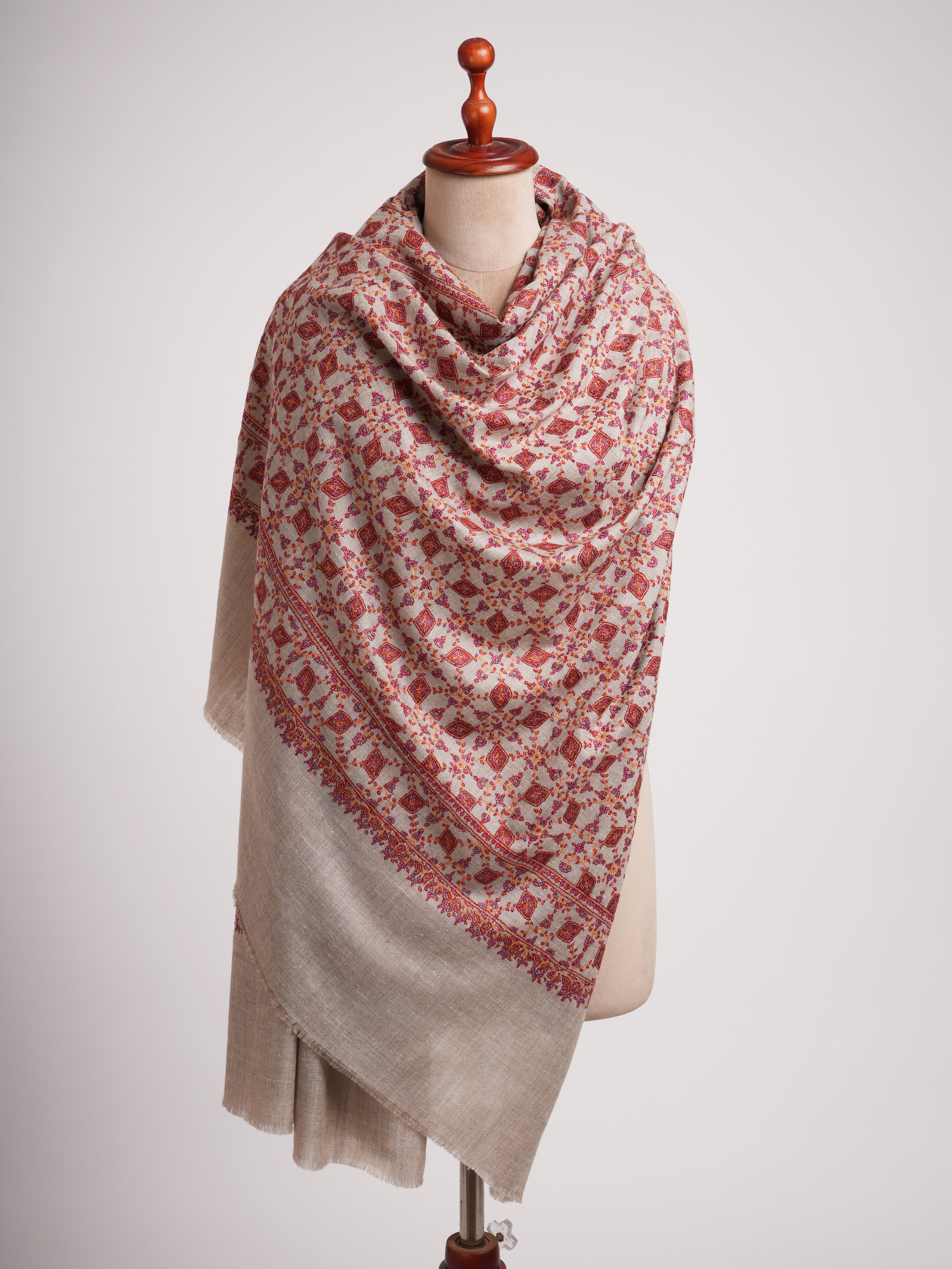 Hand Embroidered Neem Jamavar Pashmina Shawl Natural Taupe