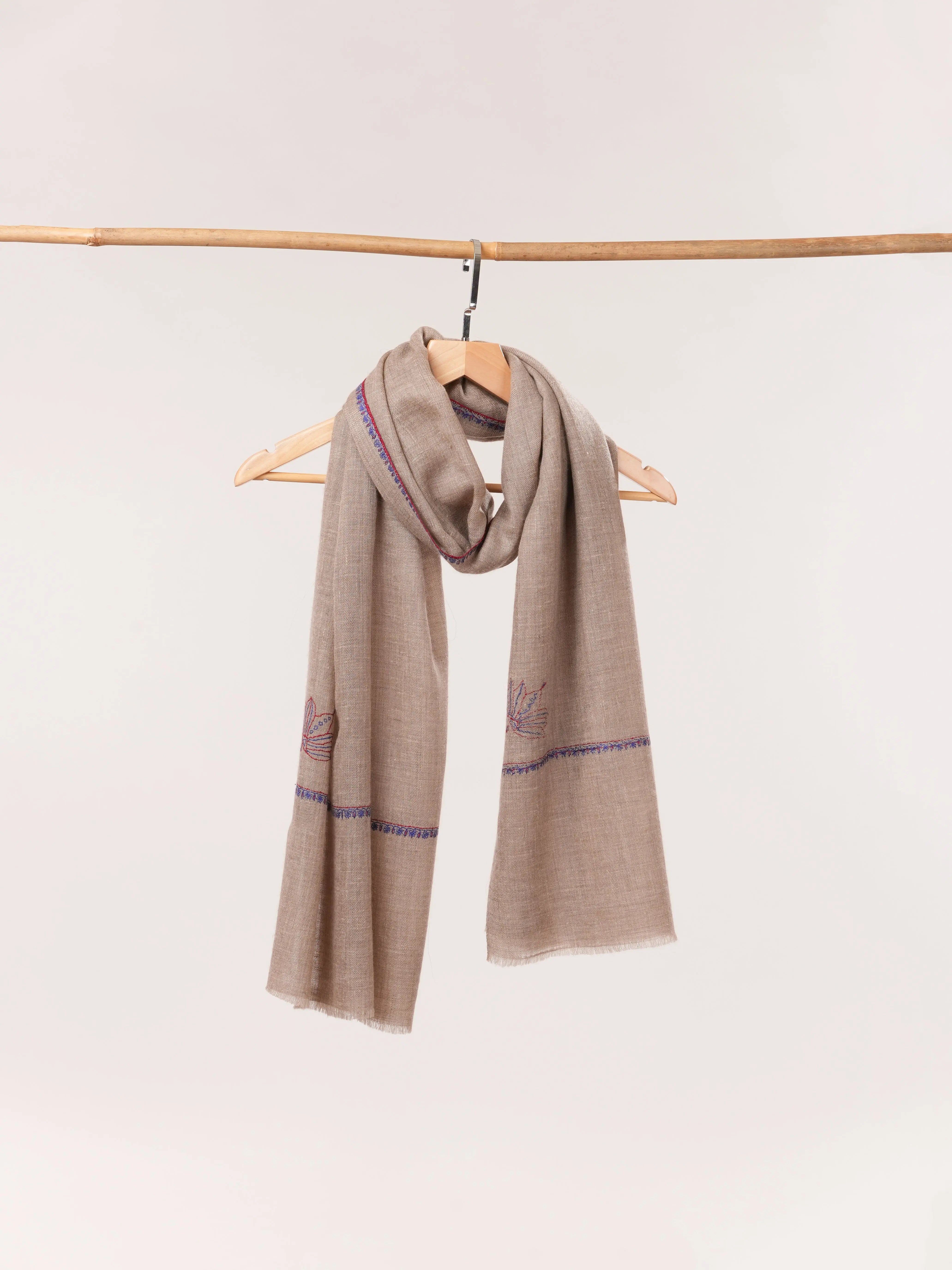 Natural Taupe Featherlight Hand Embroidered Cashmere Scarf Shahkaar.com