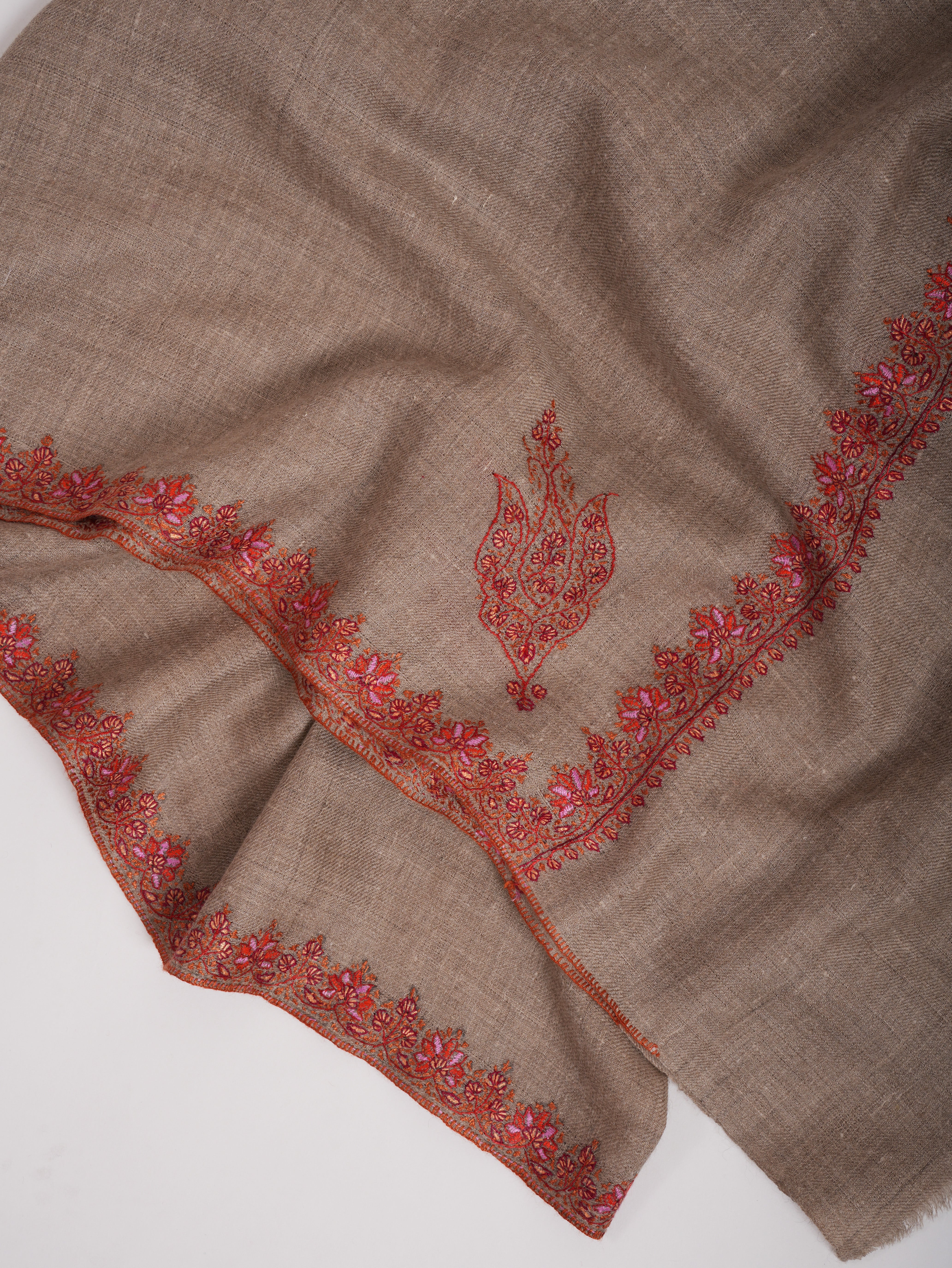 Taupe Hashia Embroidered Artistic Cashmere Scarf - Shahkaar
