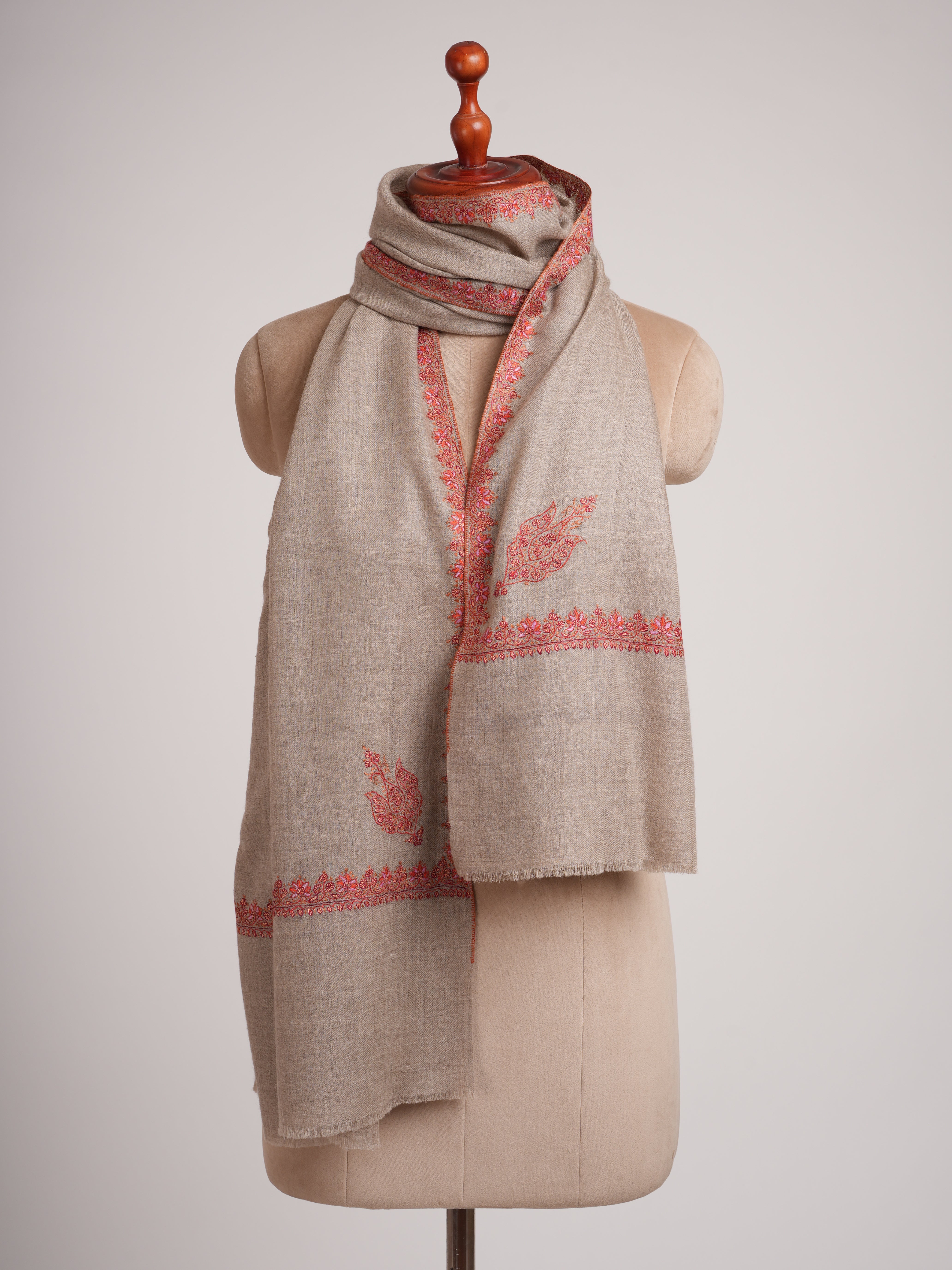Taupe Hashia Embroidered Artistic Cashmere Scarf - Shahkaar