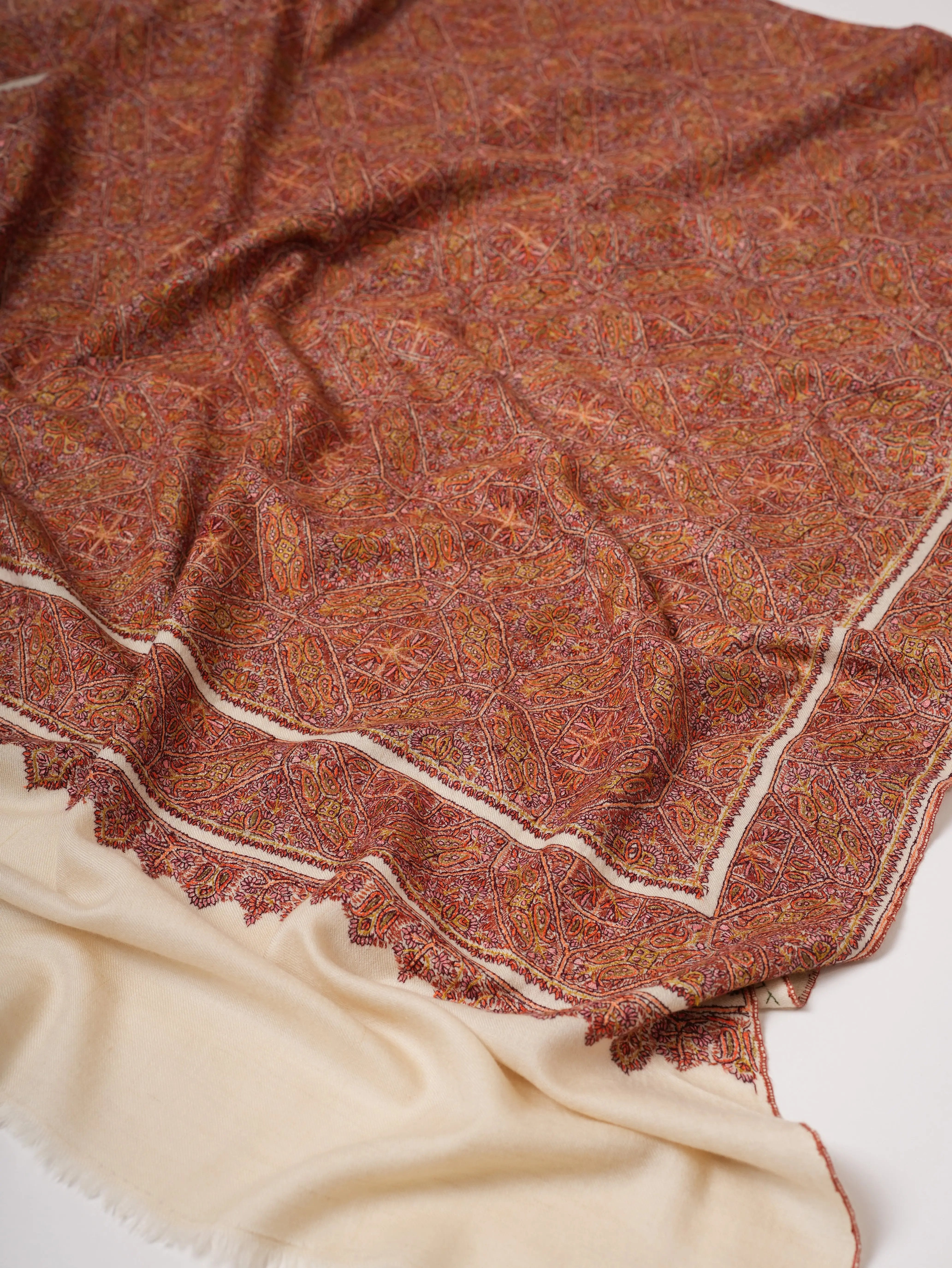 Ivory Classic Jamavar Pashmina Shawl with Intricate Sozni Hand Embroidery Shahkaar