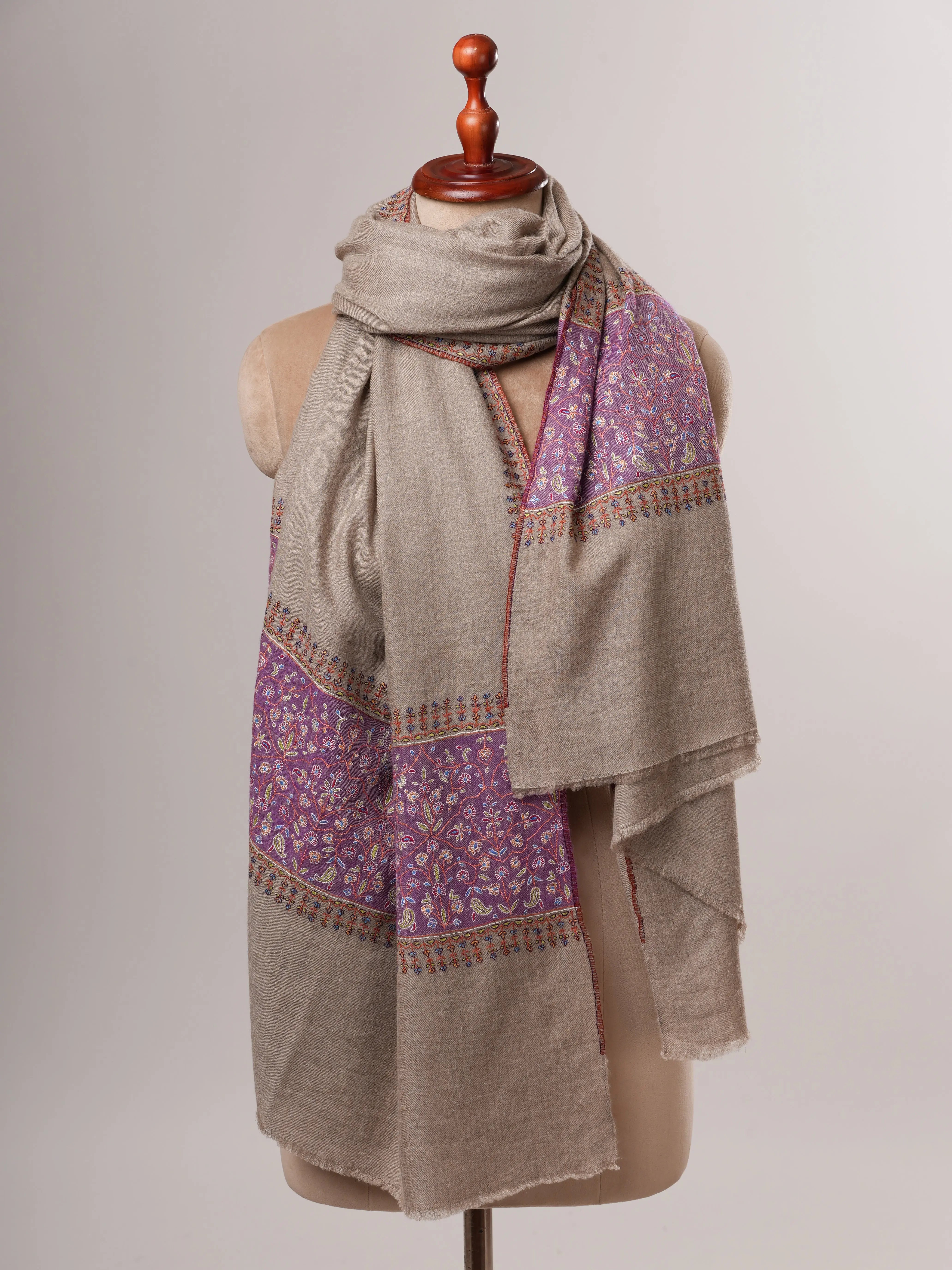 Natural Grey Baby Soft Pashmina Shawl – Sozni Palla Hand Embroidery Shahkaar