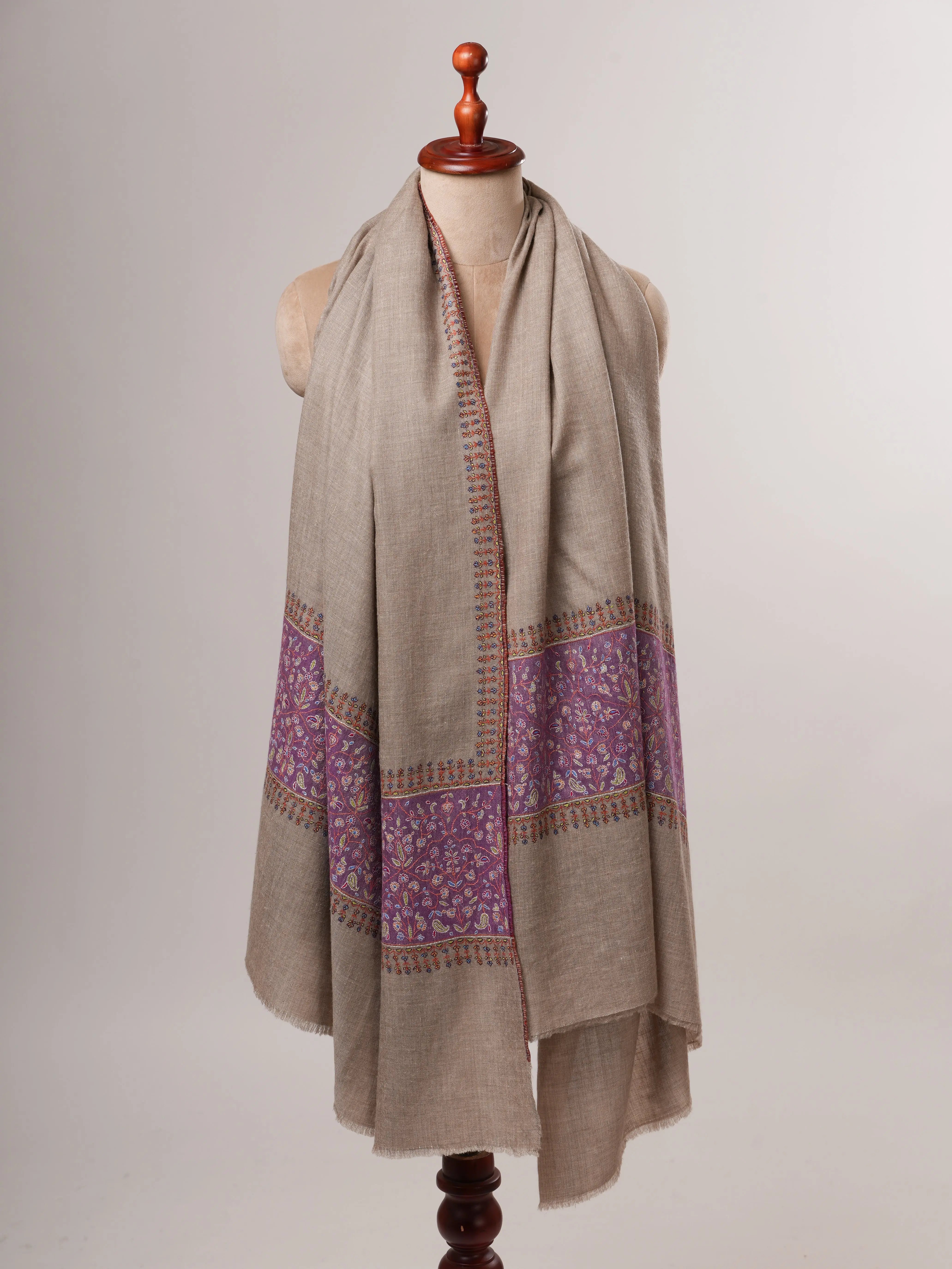 Natural Grey Baby Soft Pashmina Shawl – Sozni Palla Hand Embroidery Shahkaar