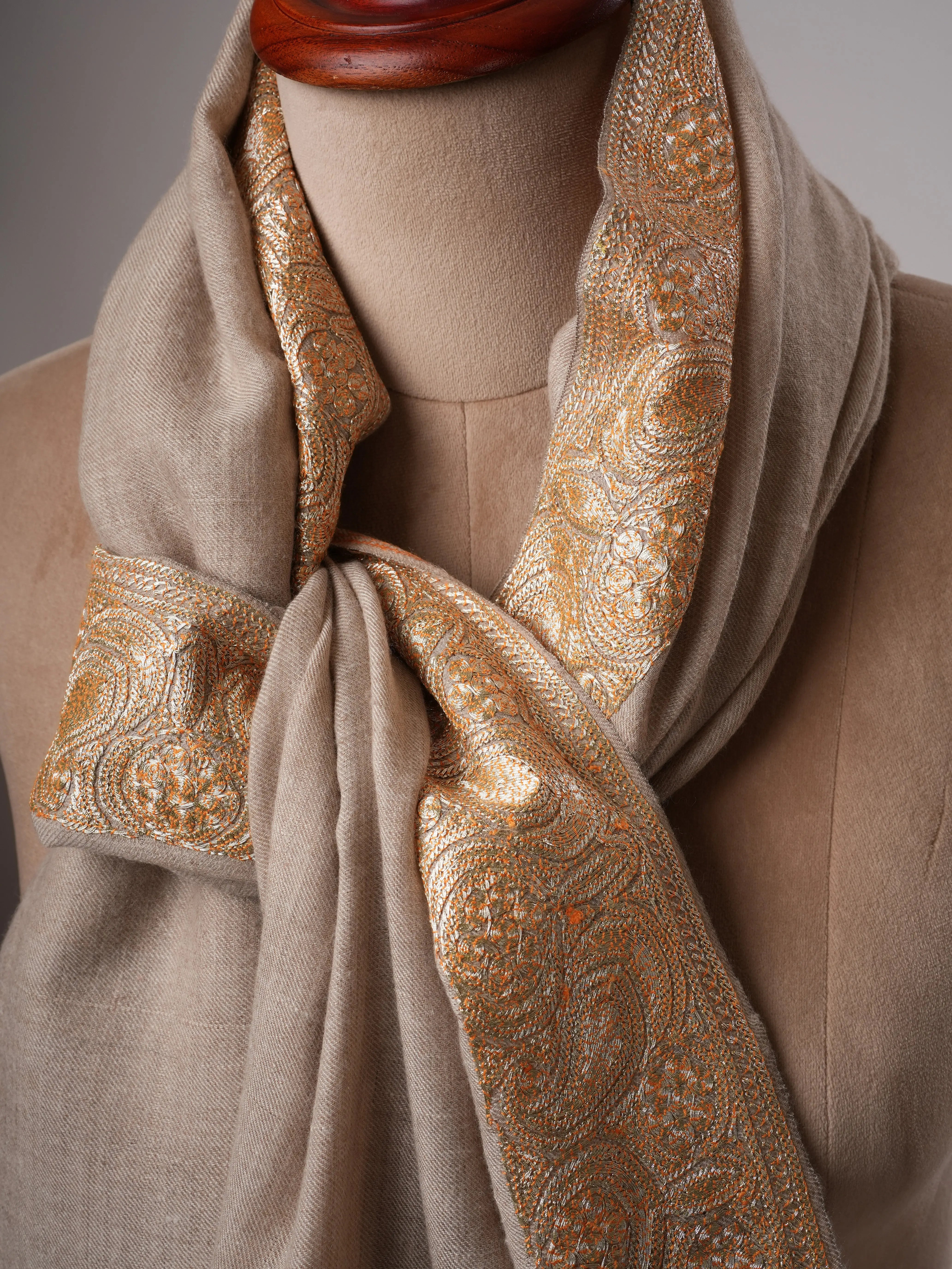 Natural Grey Daurdar Handloomed Pashmina Shawl with Gold Tilla Embroidery Shahkaar