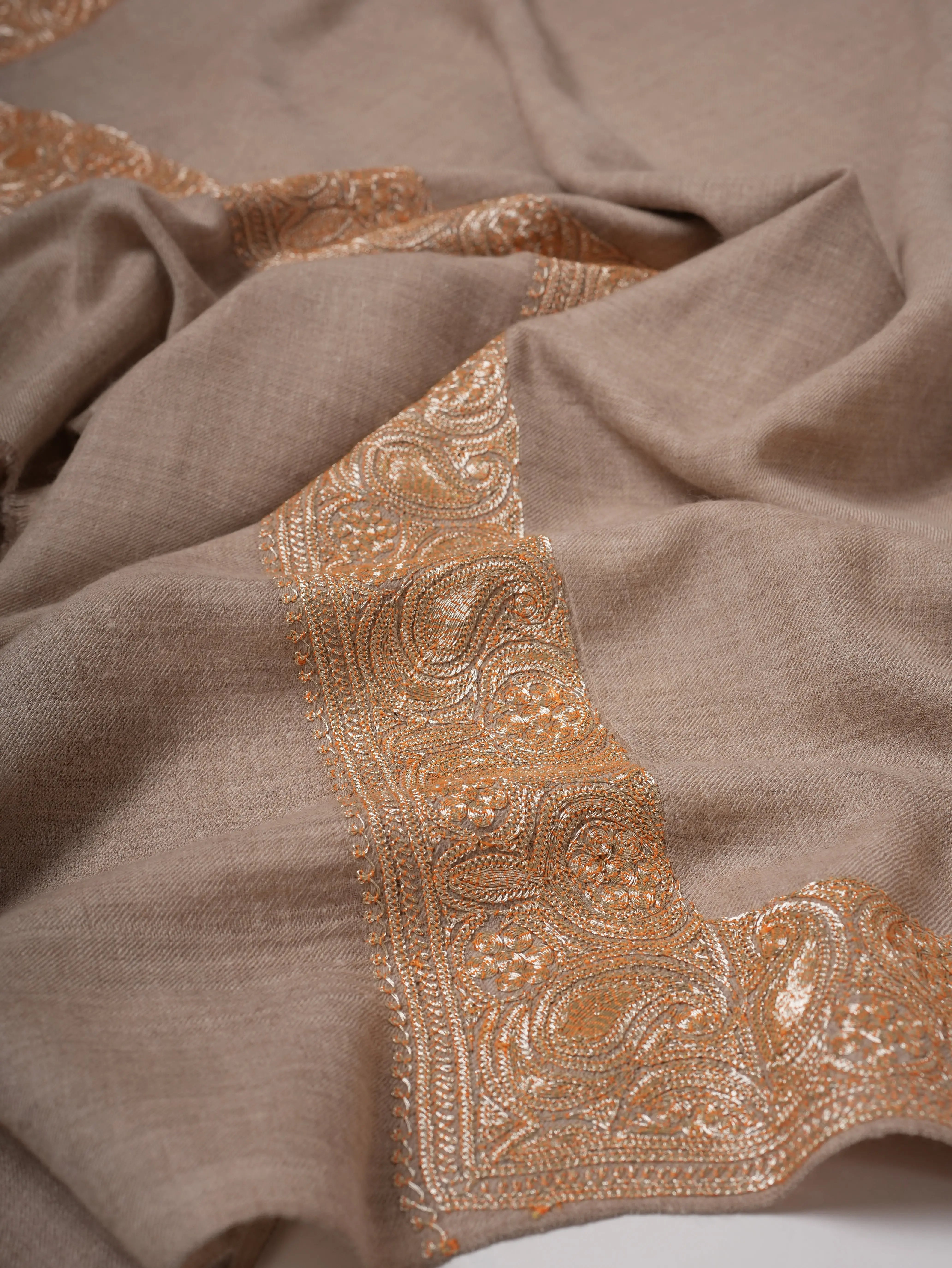 Natural Grey Daurdar Handloomed Pashmina Shawl with Gold Tilla Embroidery Shahkaar