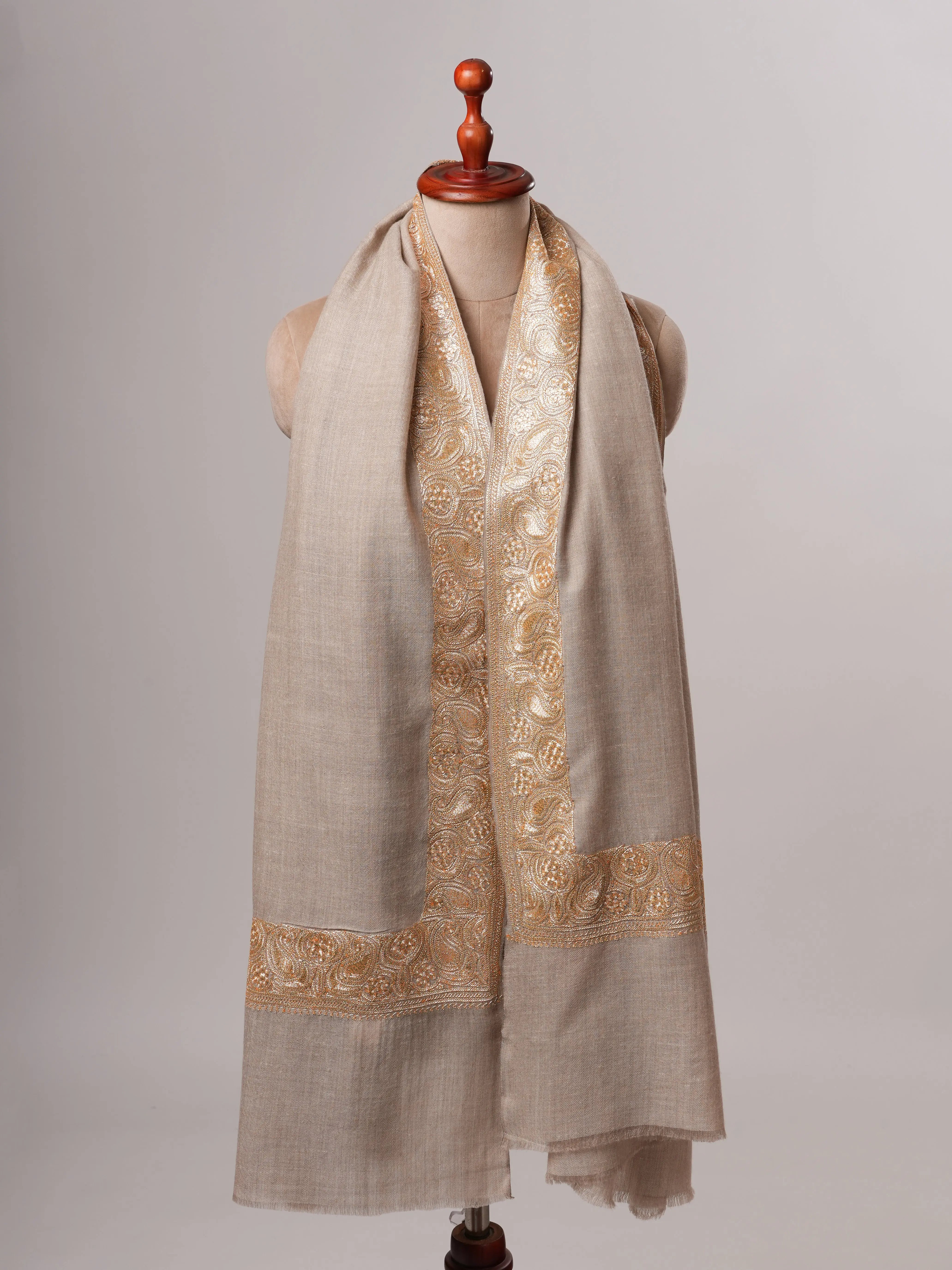 Natural Grey Daurdar Handloomed Pashmina Shawl with Gold Tilla Embroidery Shahkaar