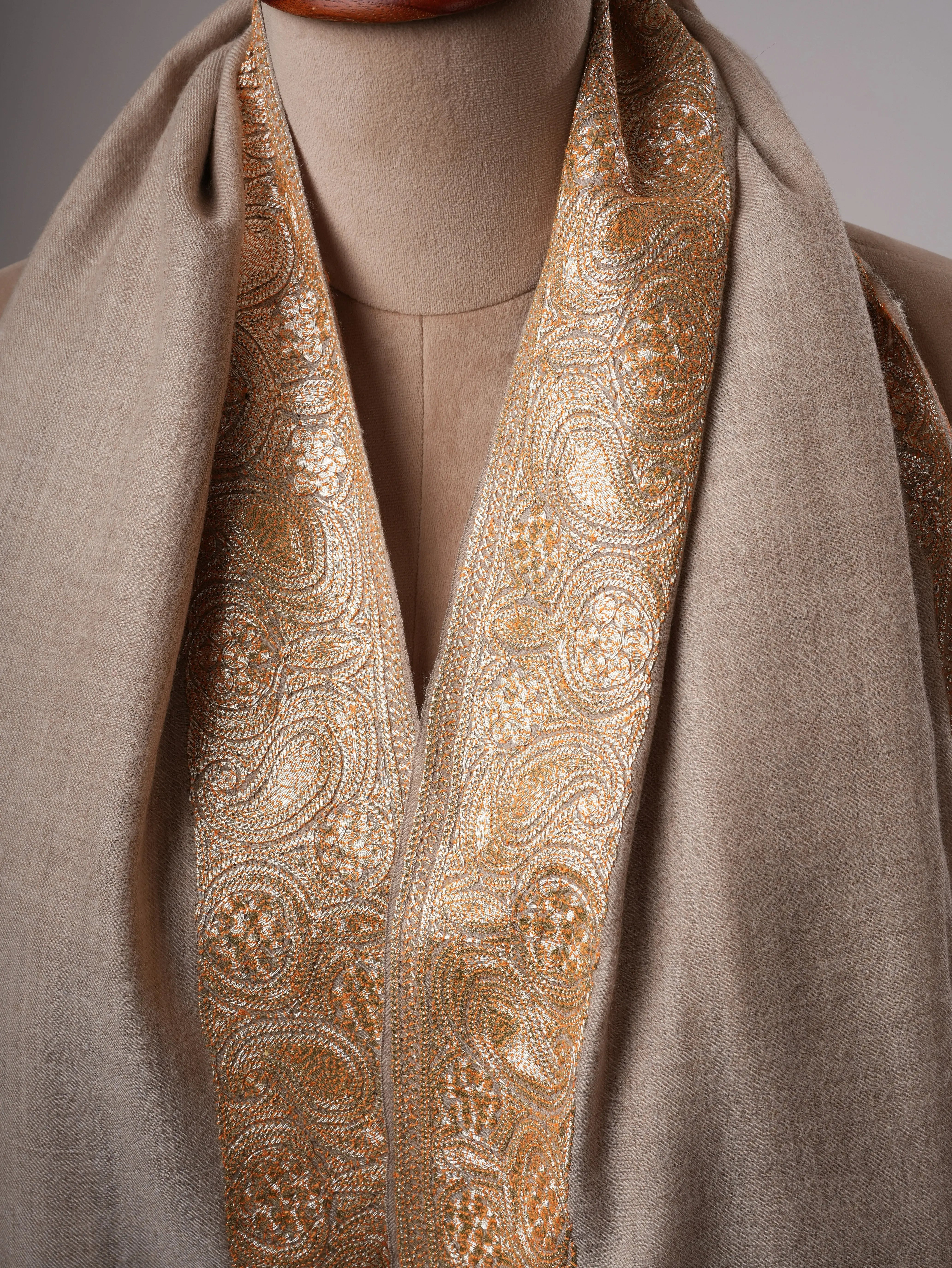 Natural Grey Daurdar Handloomed Pashmina Shawl with Gold Tilla Embroidery Shahkaar