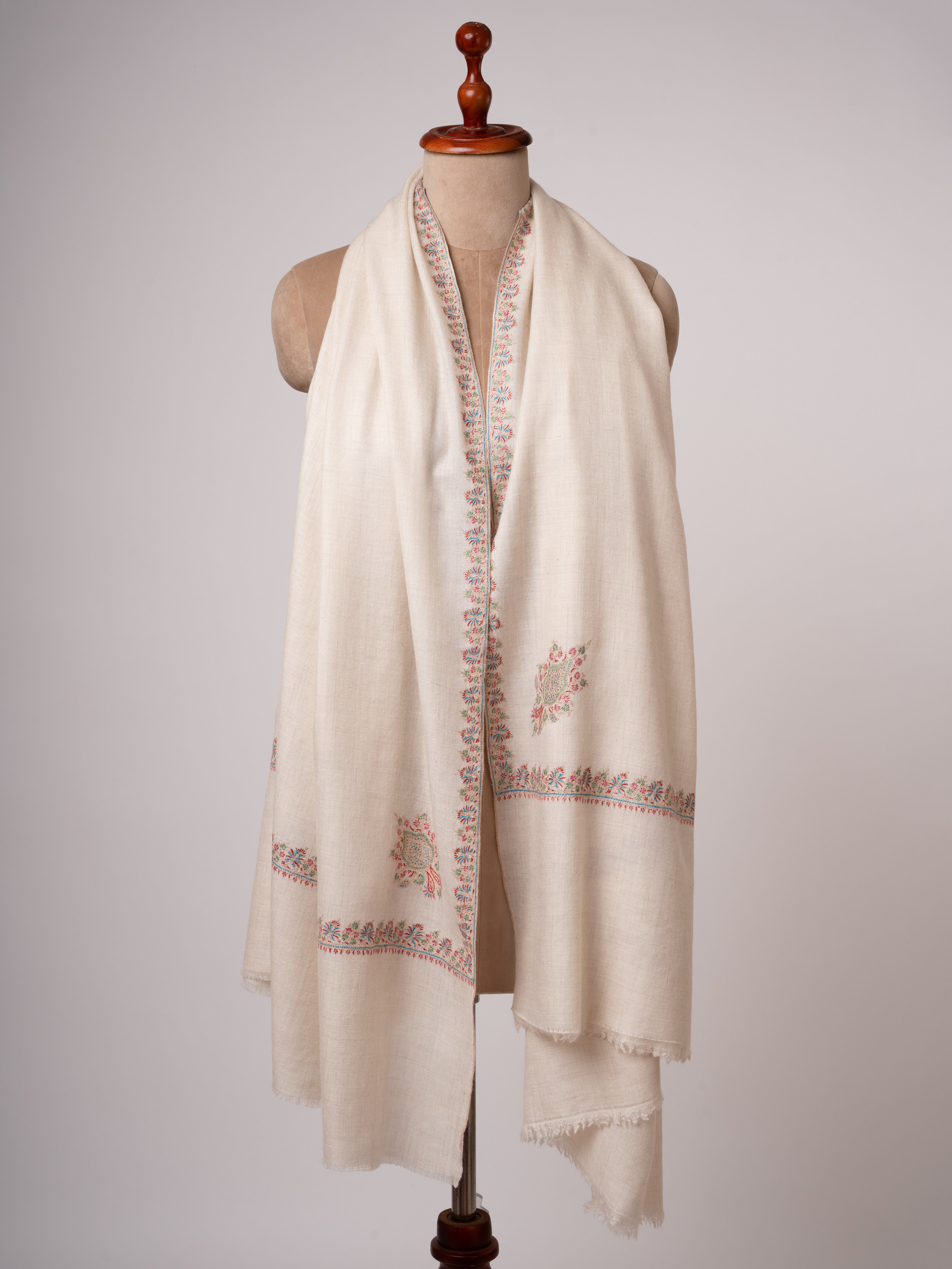 Ivory Handloomed Pashmina Shawl Hashia Border Embroidery Shahkaar