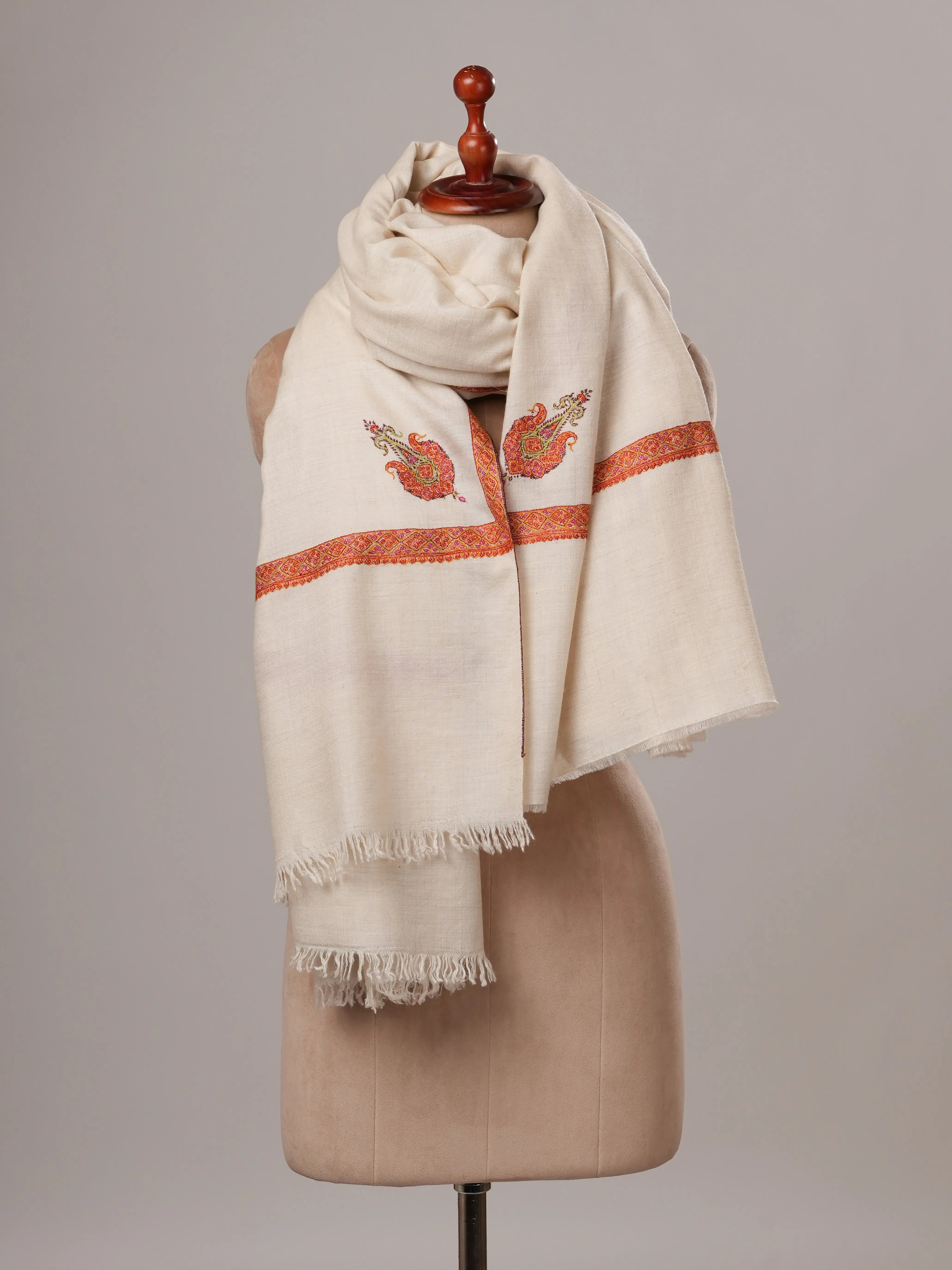 Natural White Hand Embroidered Hashia Oversized Pashmina Shawl Shahkaar Global