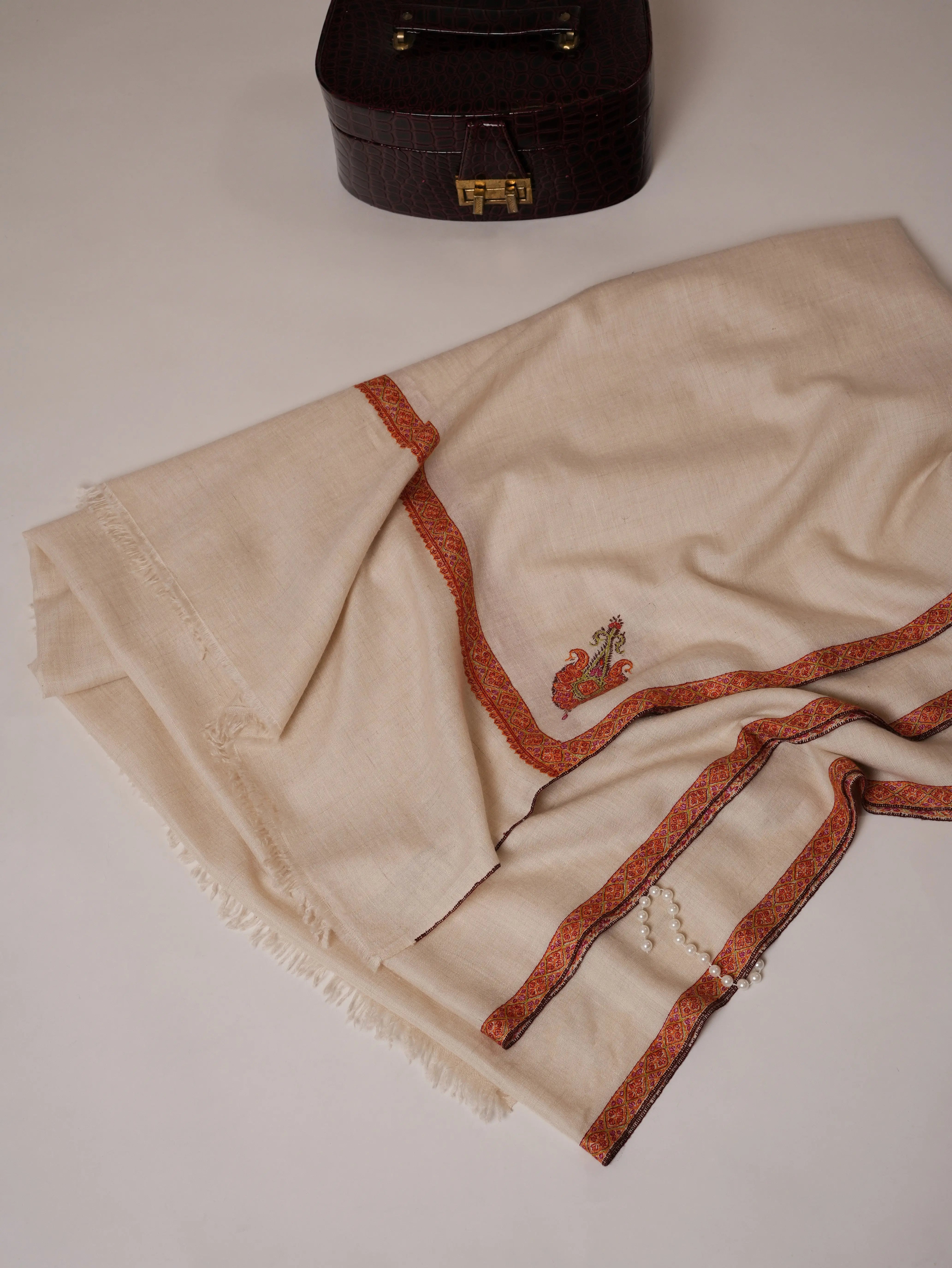 Natural White Hand Embroidered Hashia Oversized Pashmina Shawl Shahkaar Global